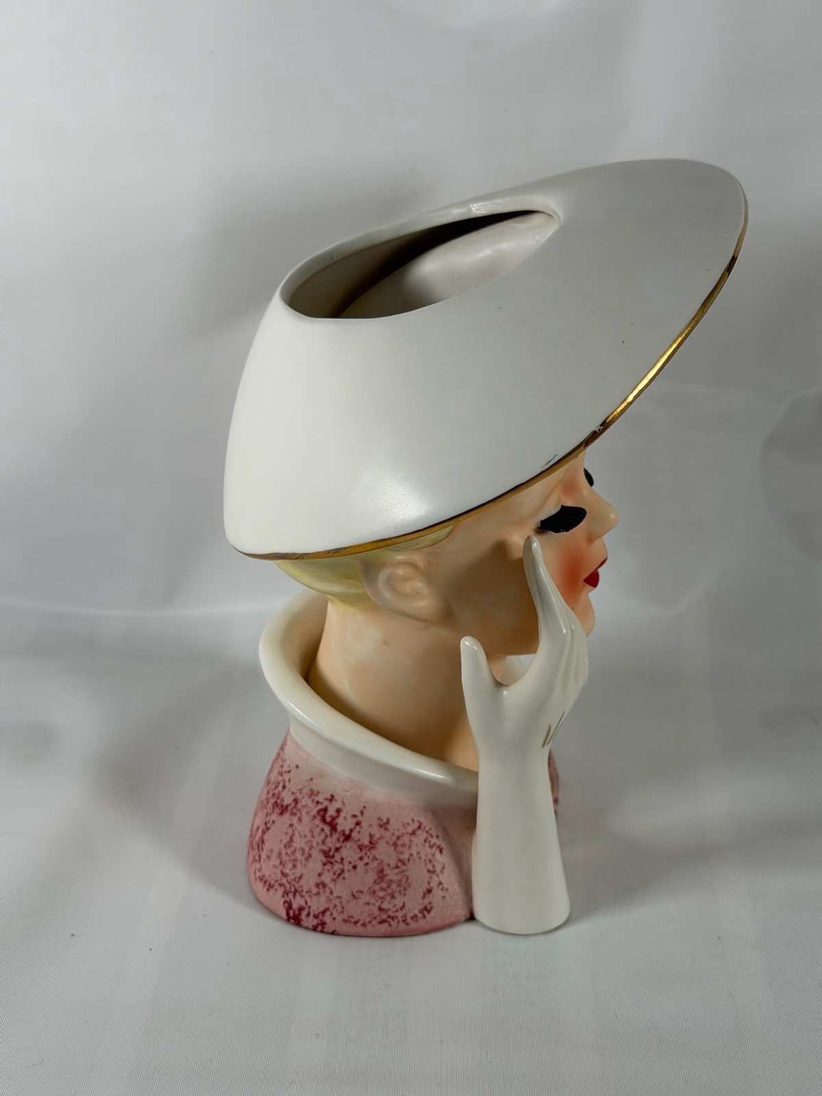 Vtg Lady Head Vase Blonde with Hat and Dress Gloves Pink Coat Almost 6 1/2″ Tall