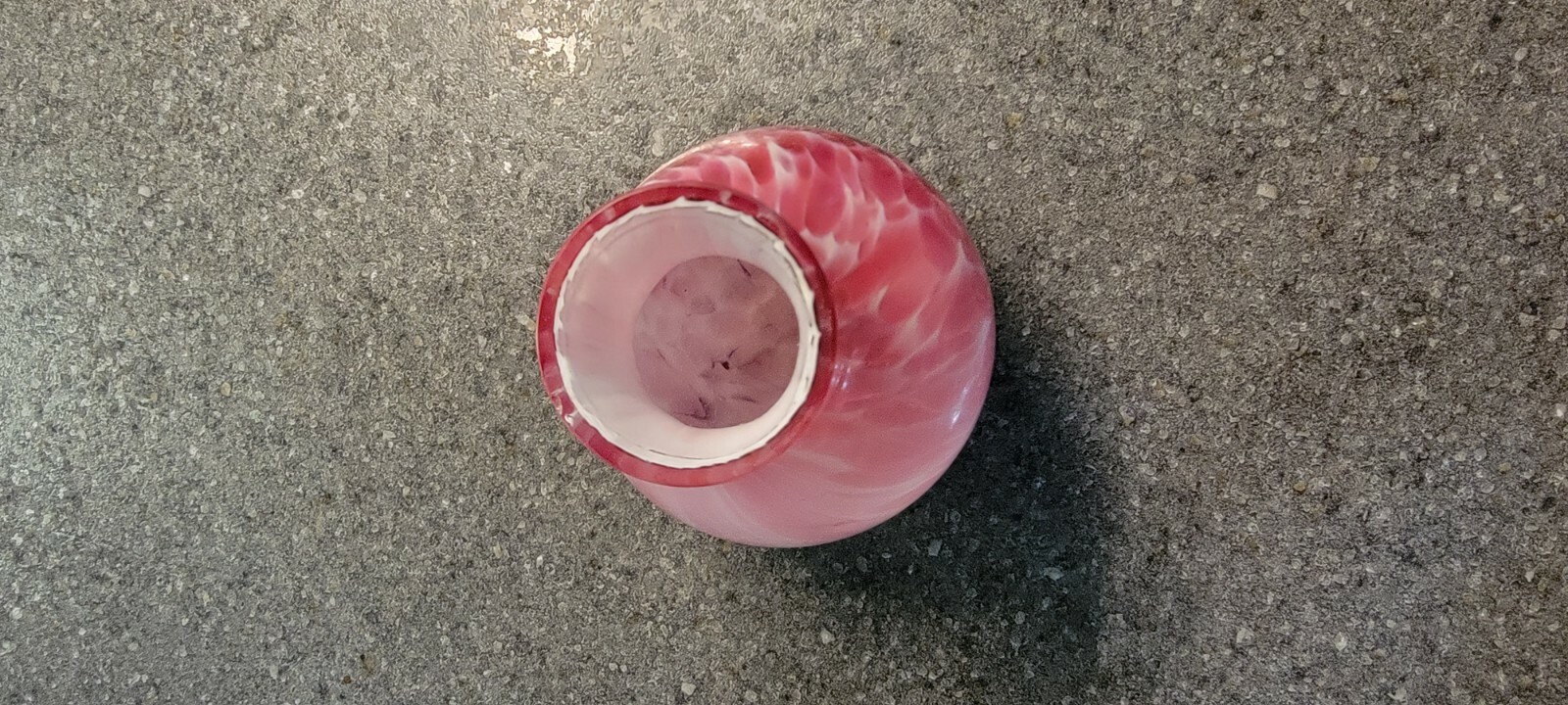 Vintage Art Glass Pink Marble Spatter Cased Glass Vase, 3.75″ Tall