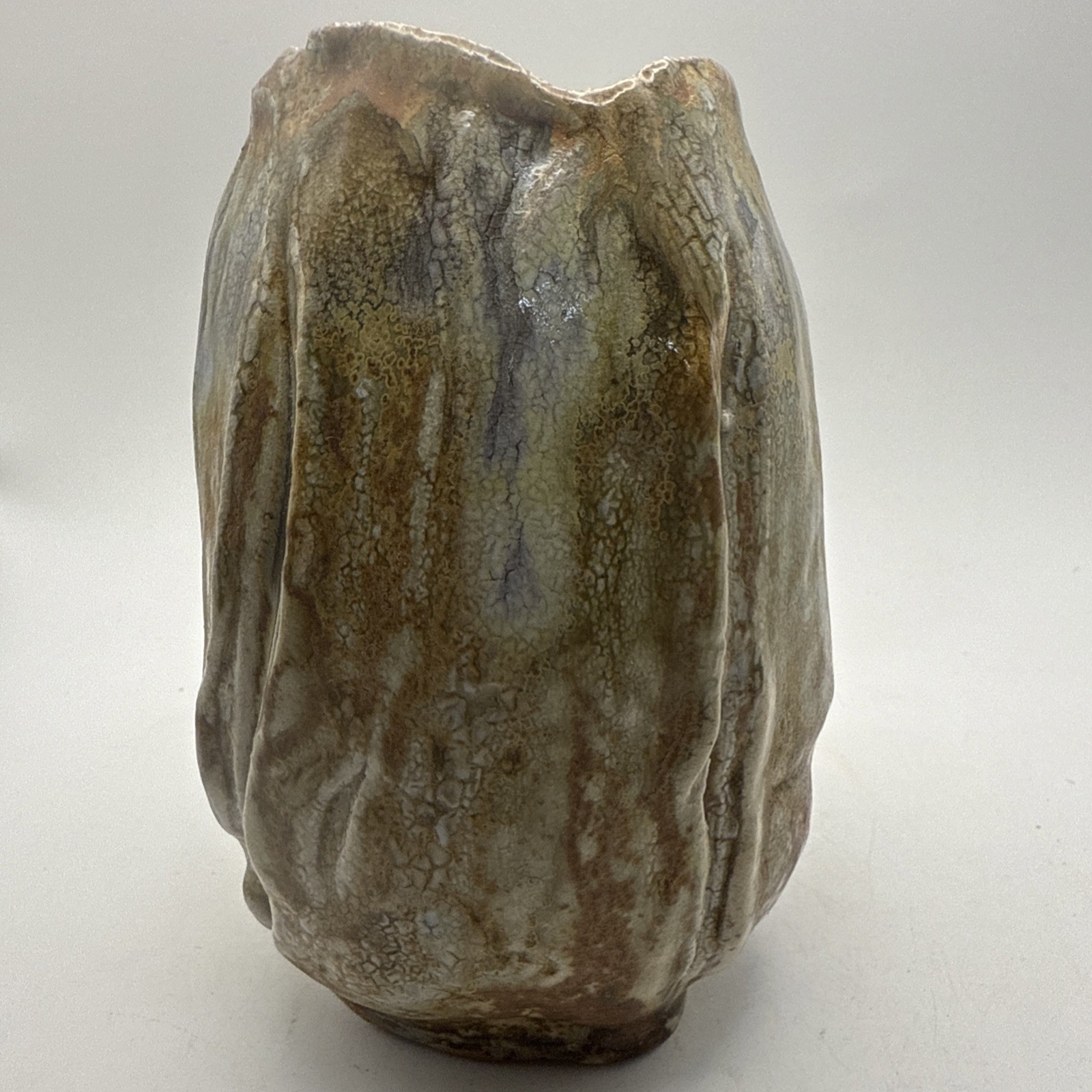 Vtg Studio Art Pottery Vase Glazed Earthy Tones Textured Artist Stamp 8.25”Hx4.5