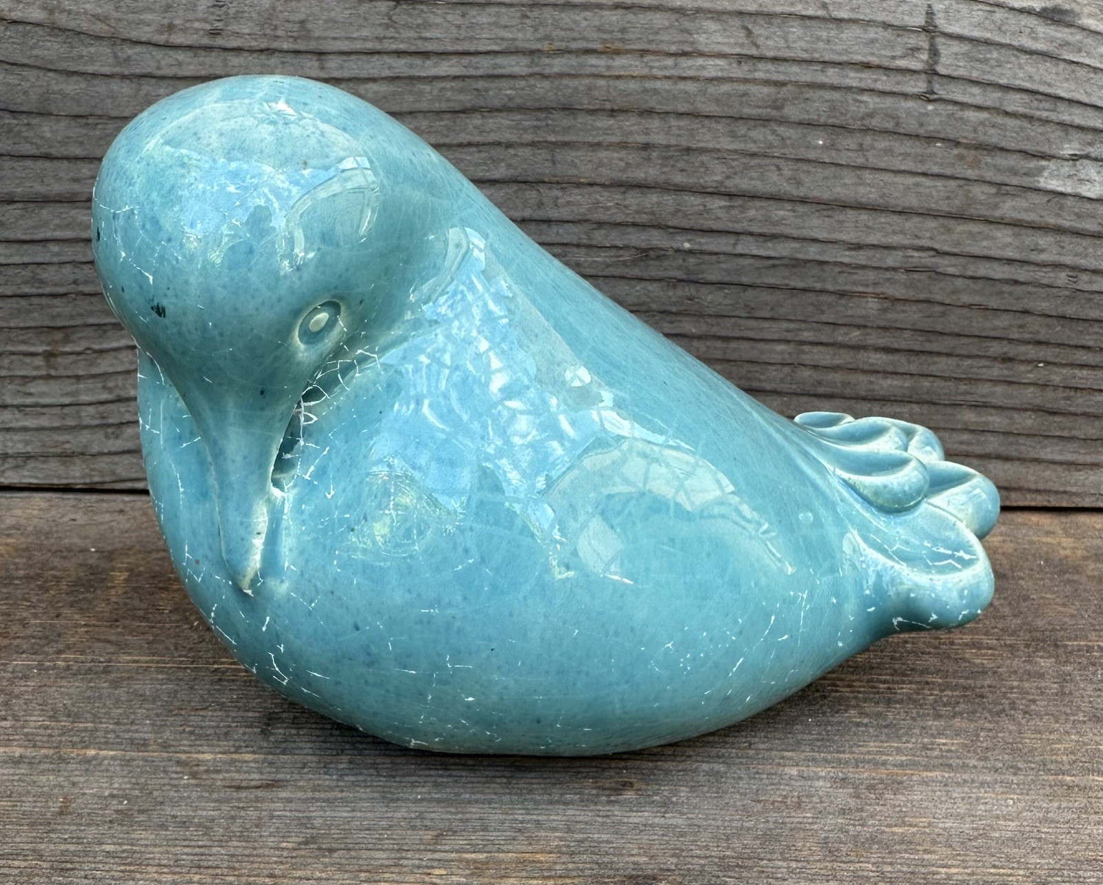 1991 Yria Paros Greek Art Pottery Bird Figurine Turquoise Crackle Glaze Signed