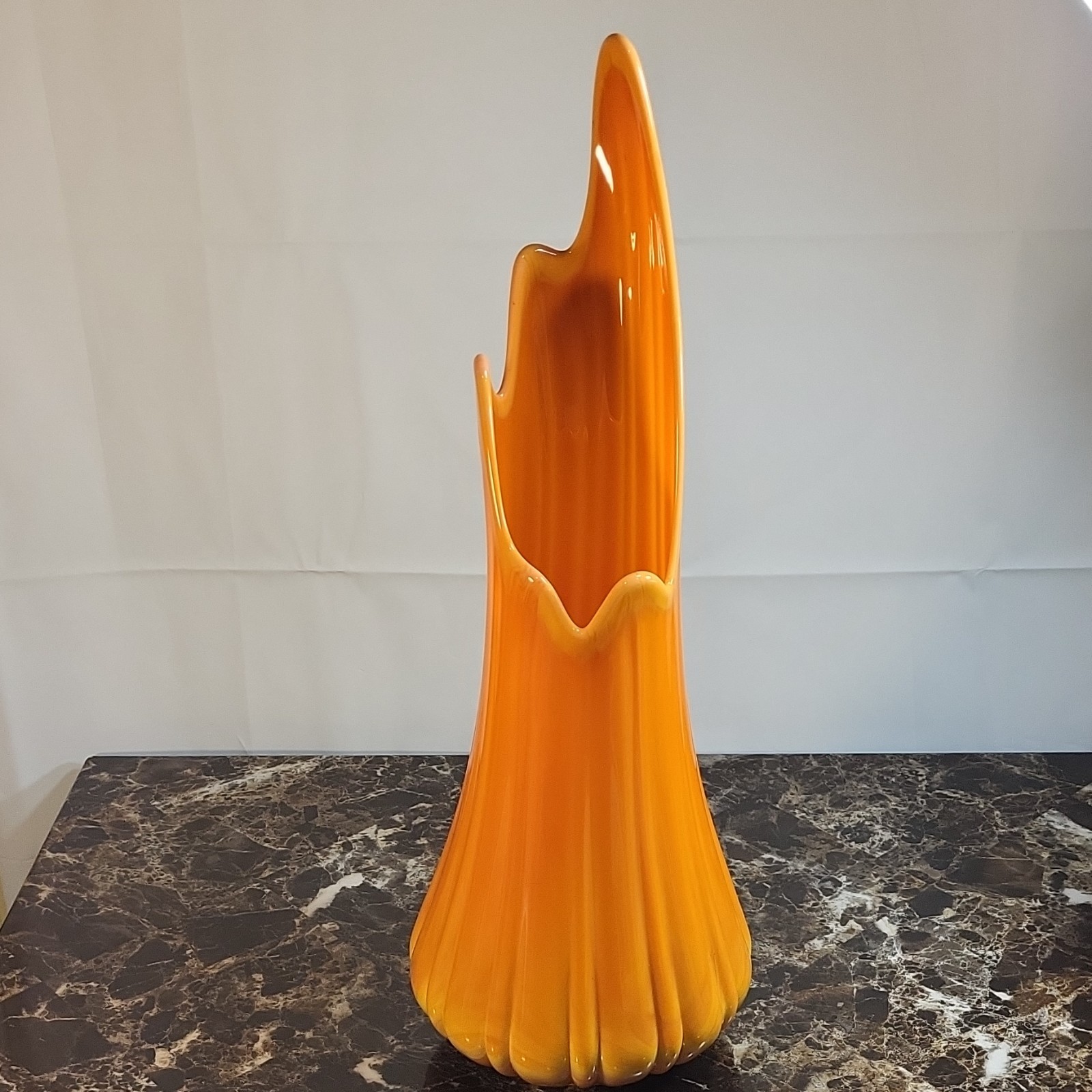 Orange & Yellow Ribbed Art Glass Vase, Decorative Glossy Finish