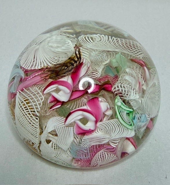 VTG Murano Paperweight Fratelli Toso Pink, White Latticino Art Glass Foil Label
