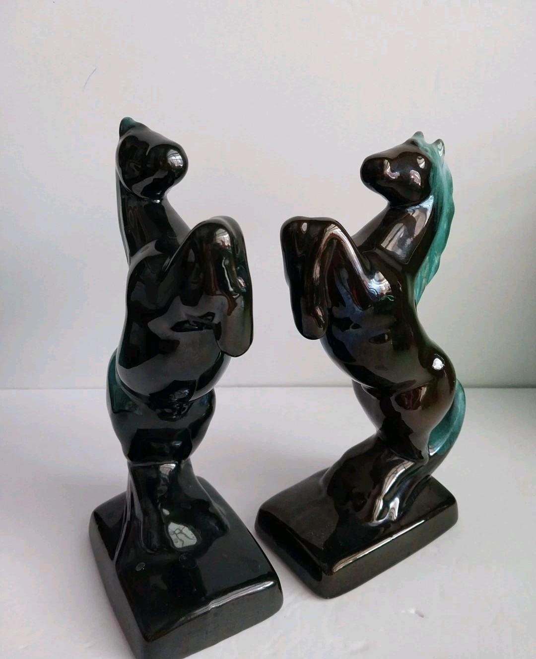 1970 Pair Blue Mountain Pottery Rearing Stallions Horse Figurines