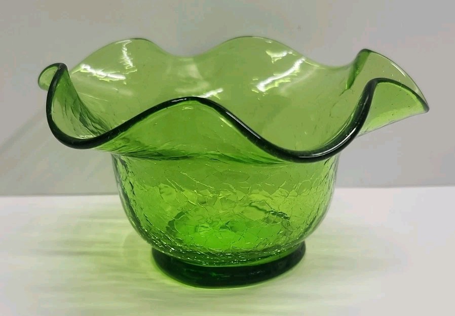 Uranium Crackle Glass Ruffle Bowl “Spring Green” Kanawha Glass Company Glows