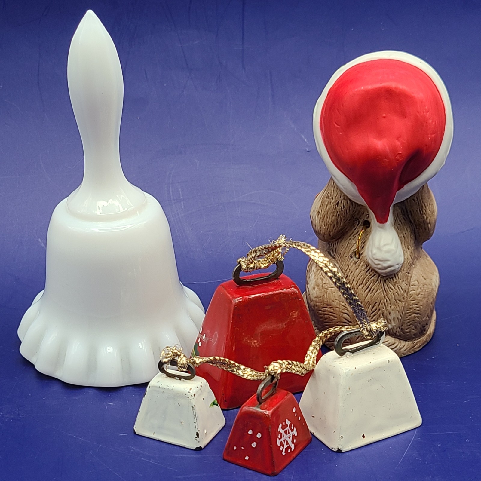 FREE SHIP Vintage Christmas Bells Jasco Critter Dog Milk Glass Cardinal Jingle