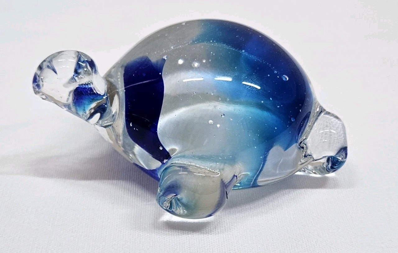 Vintage Art Glass Blue Hand Blown Sea Turtle Paper Weight Figurine