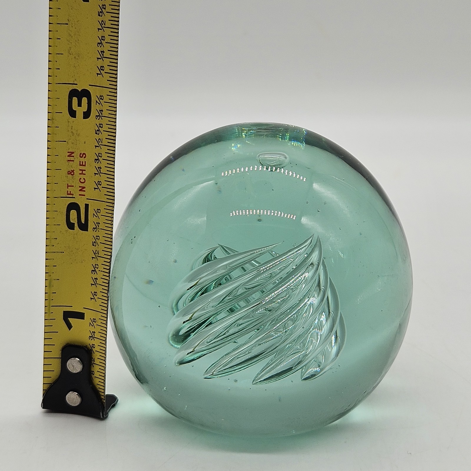 Round Sphere Light Blue Green Swirl Bubble Glass Paperweight 2.5″