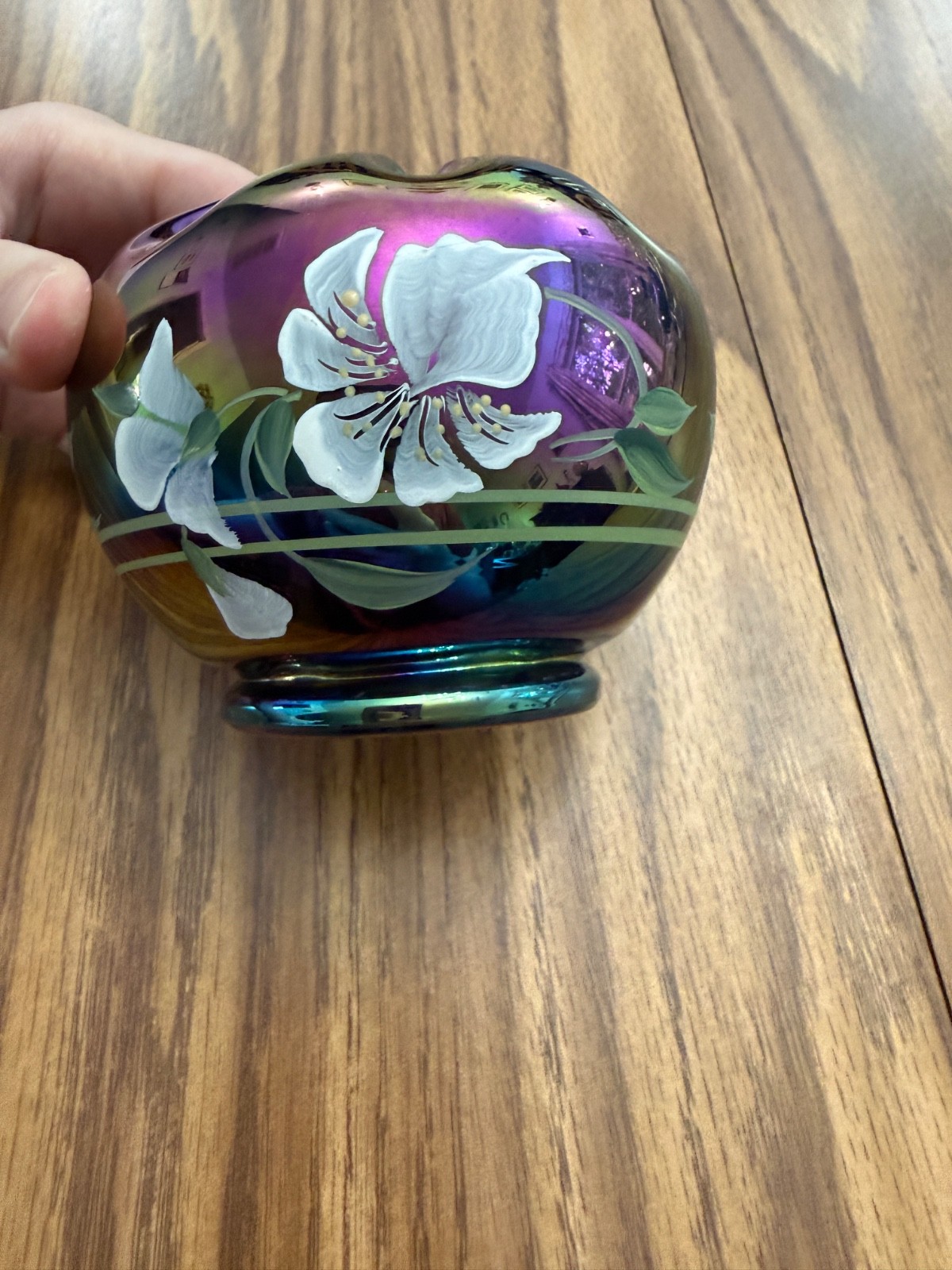 Fenton Carnival Glass Hand Painted Floral Rose Bowl Vase B Fluharty