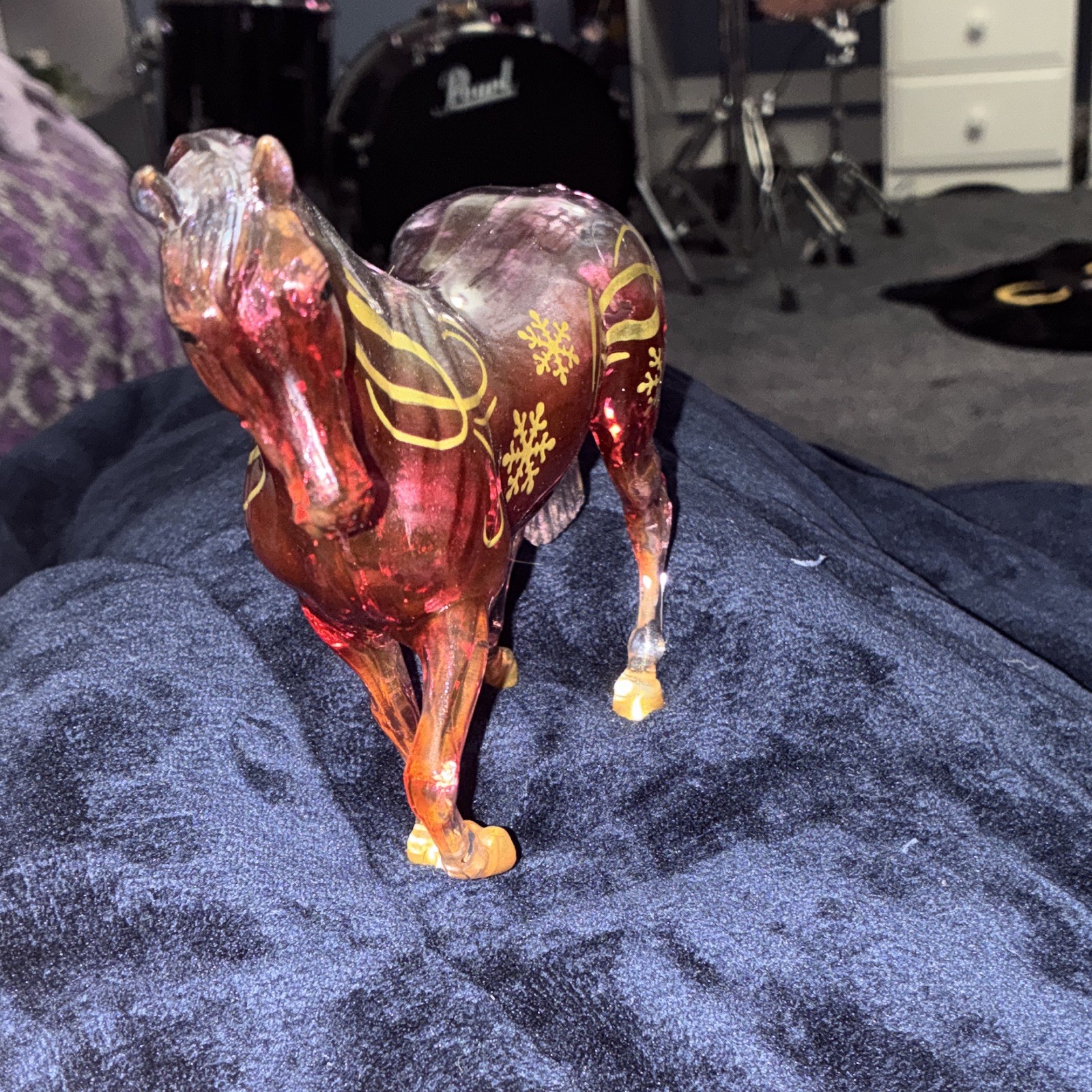 Red Translucent Glass Horse Figurine with Gold Snowflake & Swirl Accents