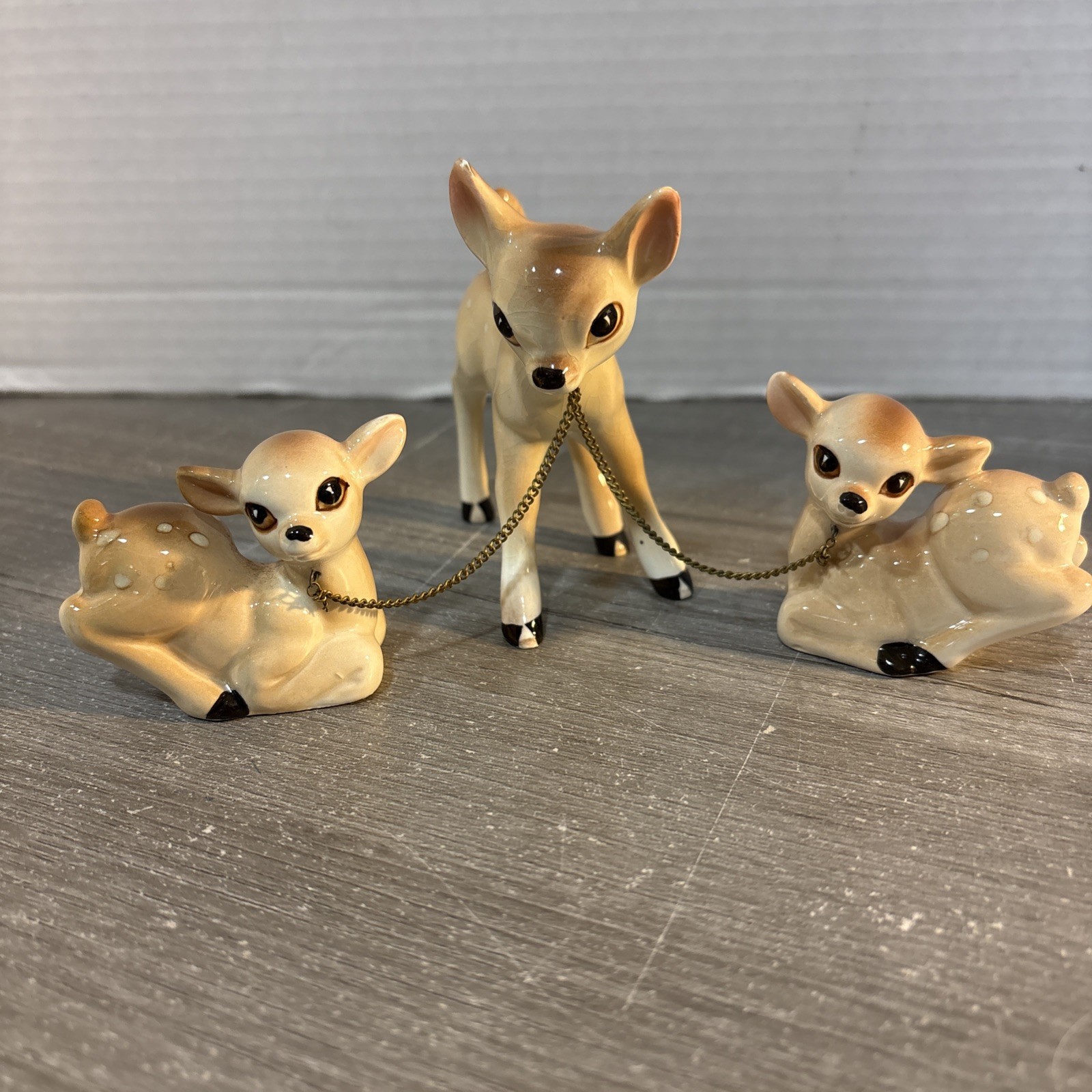 Vintage Japan 4.5 Inch Deer Figurines Chained Together Doe And Fawns.