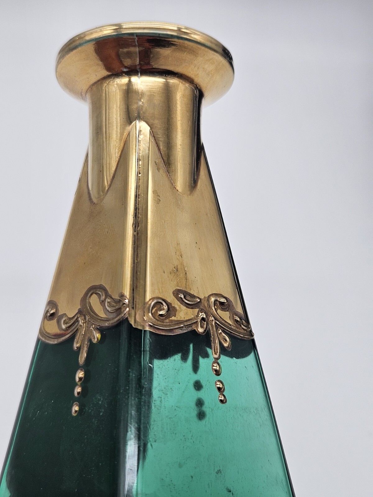 Venician Murano Glass Art Vase Emerald Green Gold Hand Painted Floral Bohemian