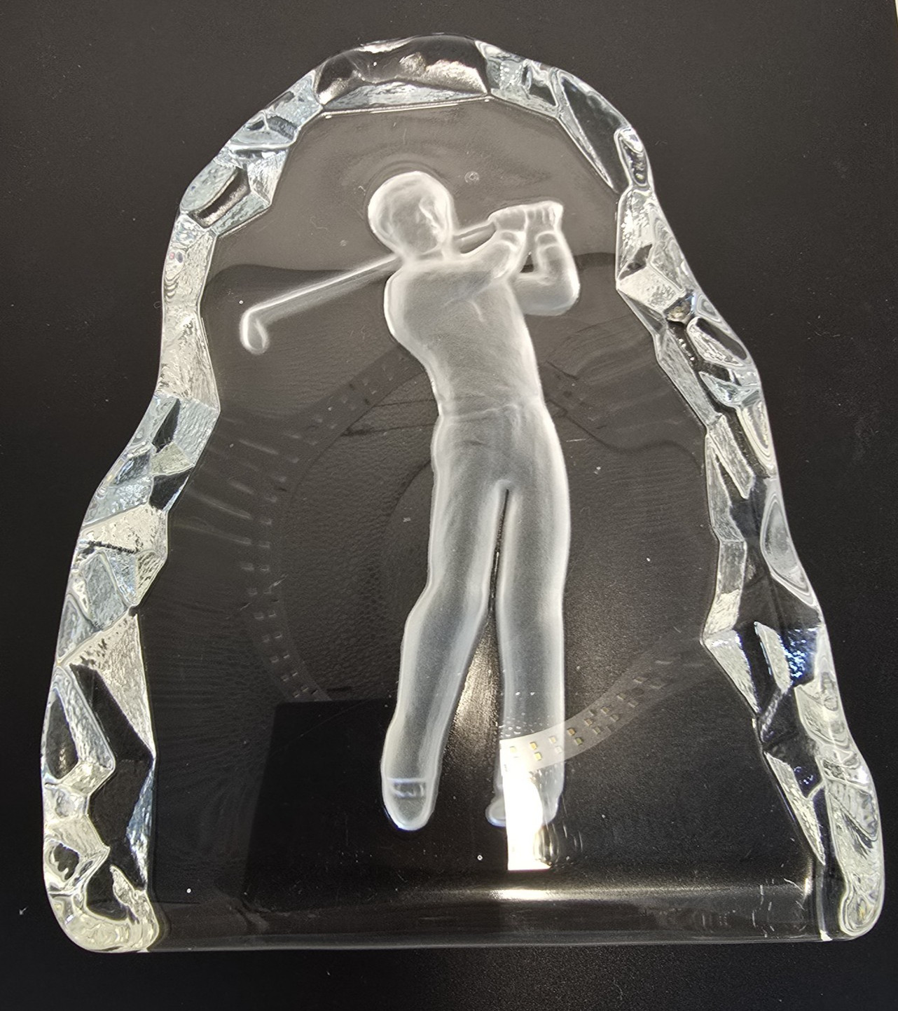 Nybro Sweden Crystal Golfer Paperweight Frosted Figure Clear Base 7″ Vintage