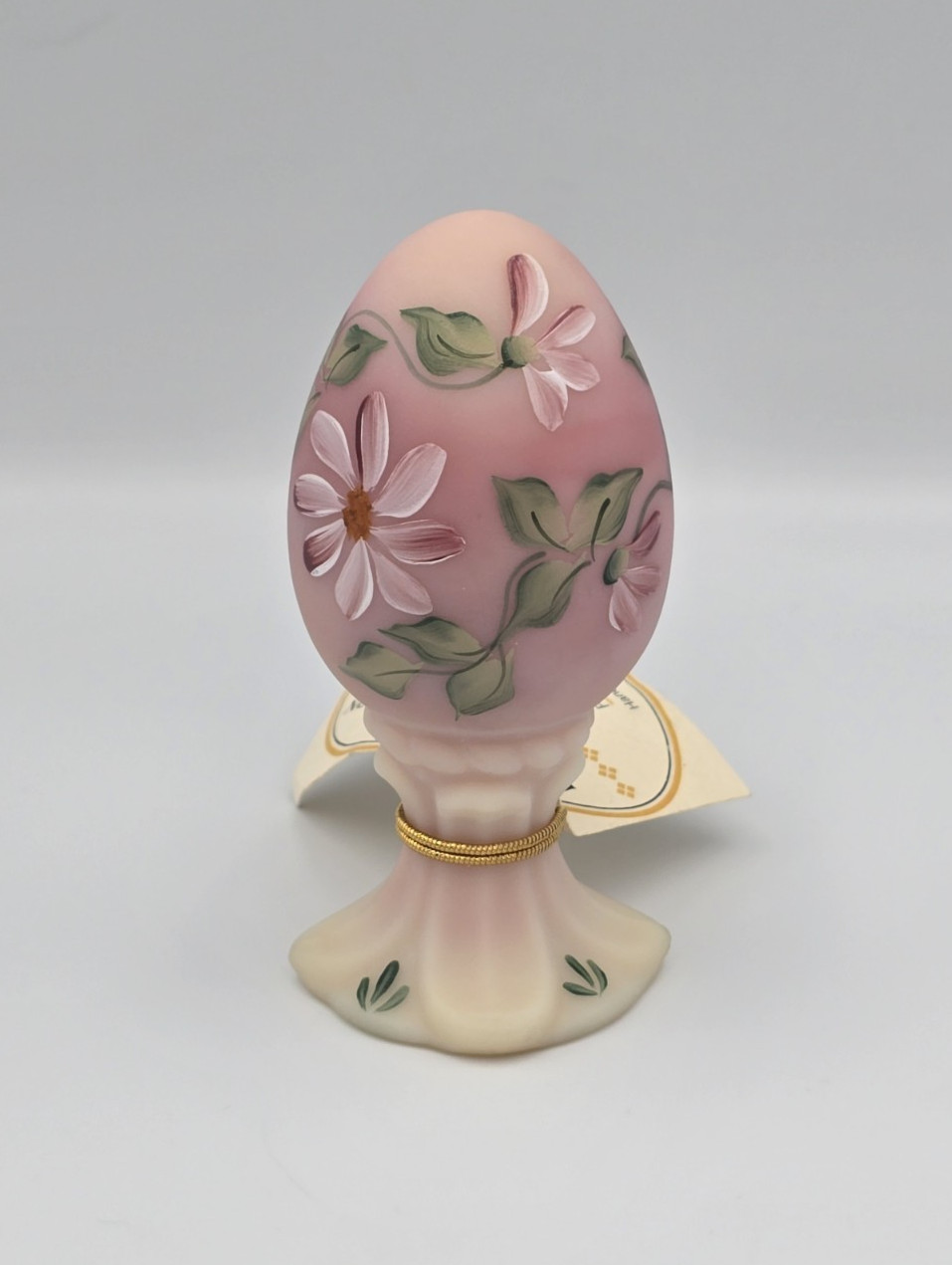Vintage Fenton Egg Pink Uranium Burmese Flowers Hand Painted Signed 2700/3000