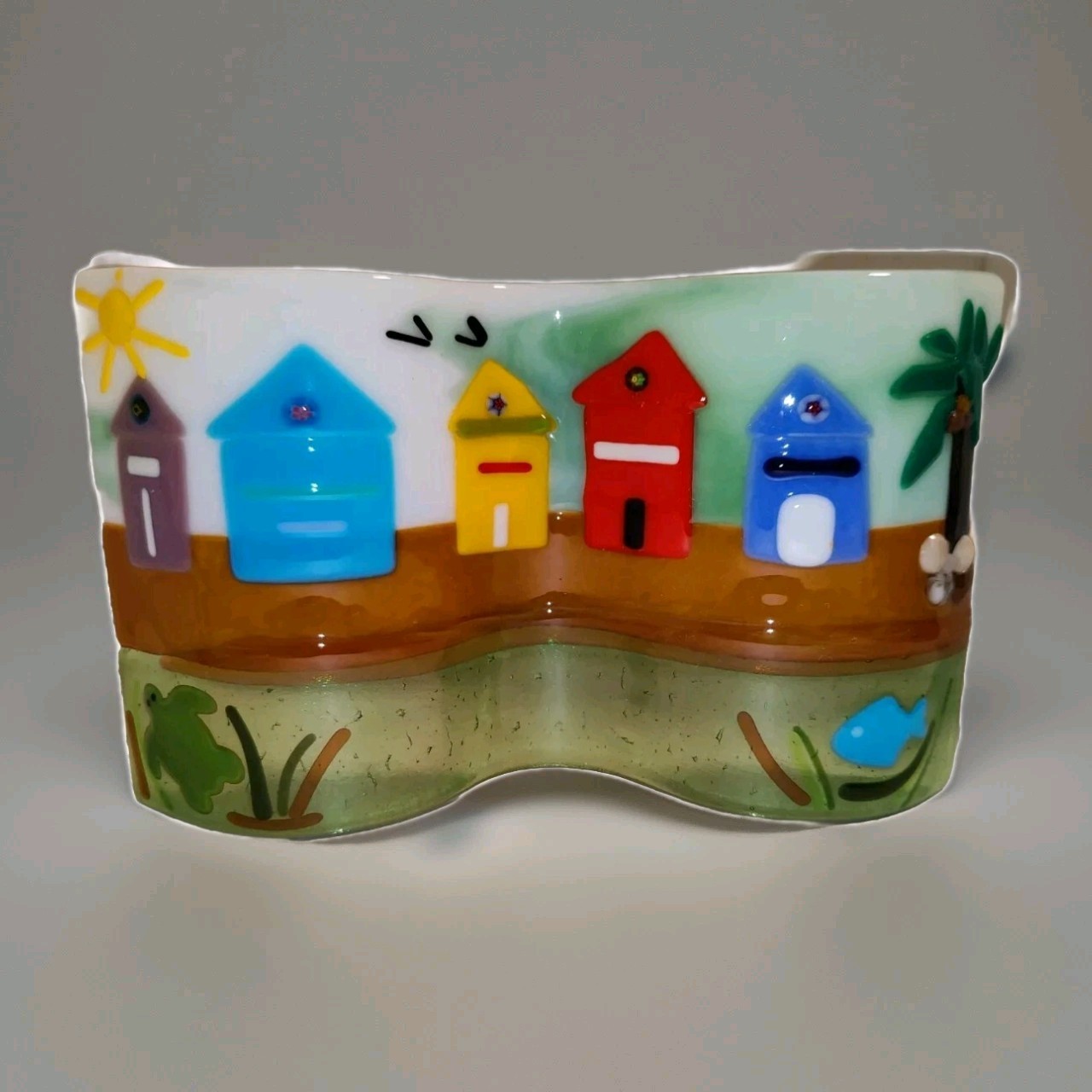 Fused Glass Wave Sculpture Beach Scene 3D House Palm Tree Summer Centerpiece
