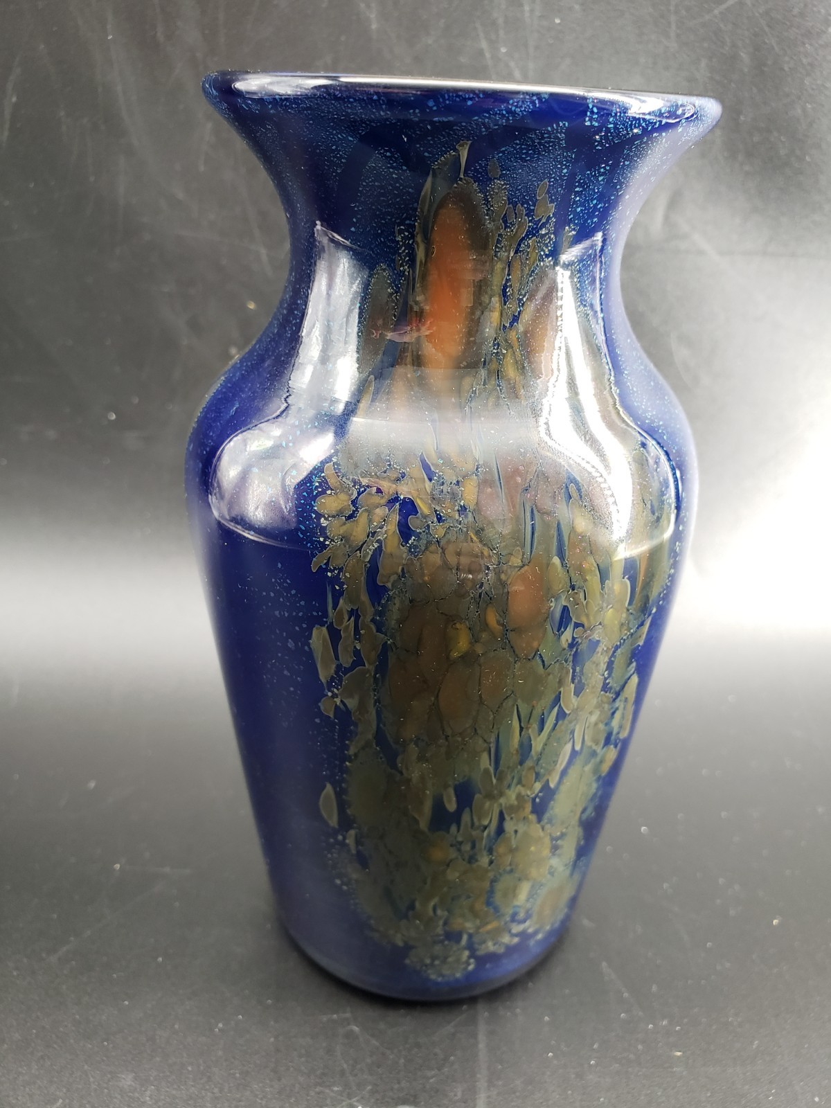 Mario Real Hand Blown 6.5in Glass Vase Midnight Blue Iridescent
