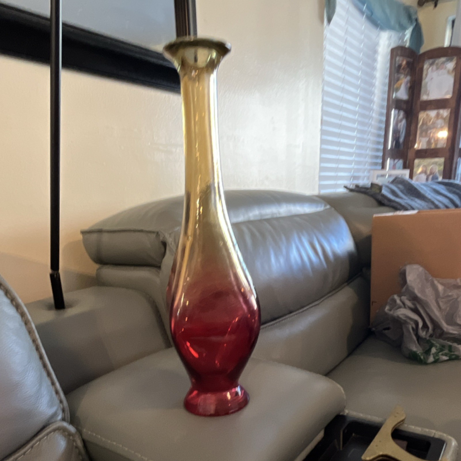 Art Glass Red Gold Tall Gradient Decorative Glossy Vase ~17 in