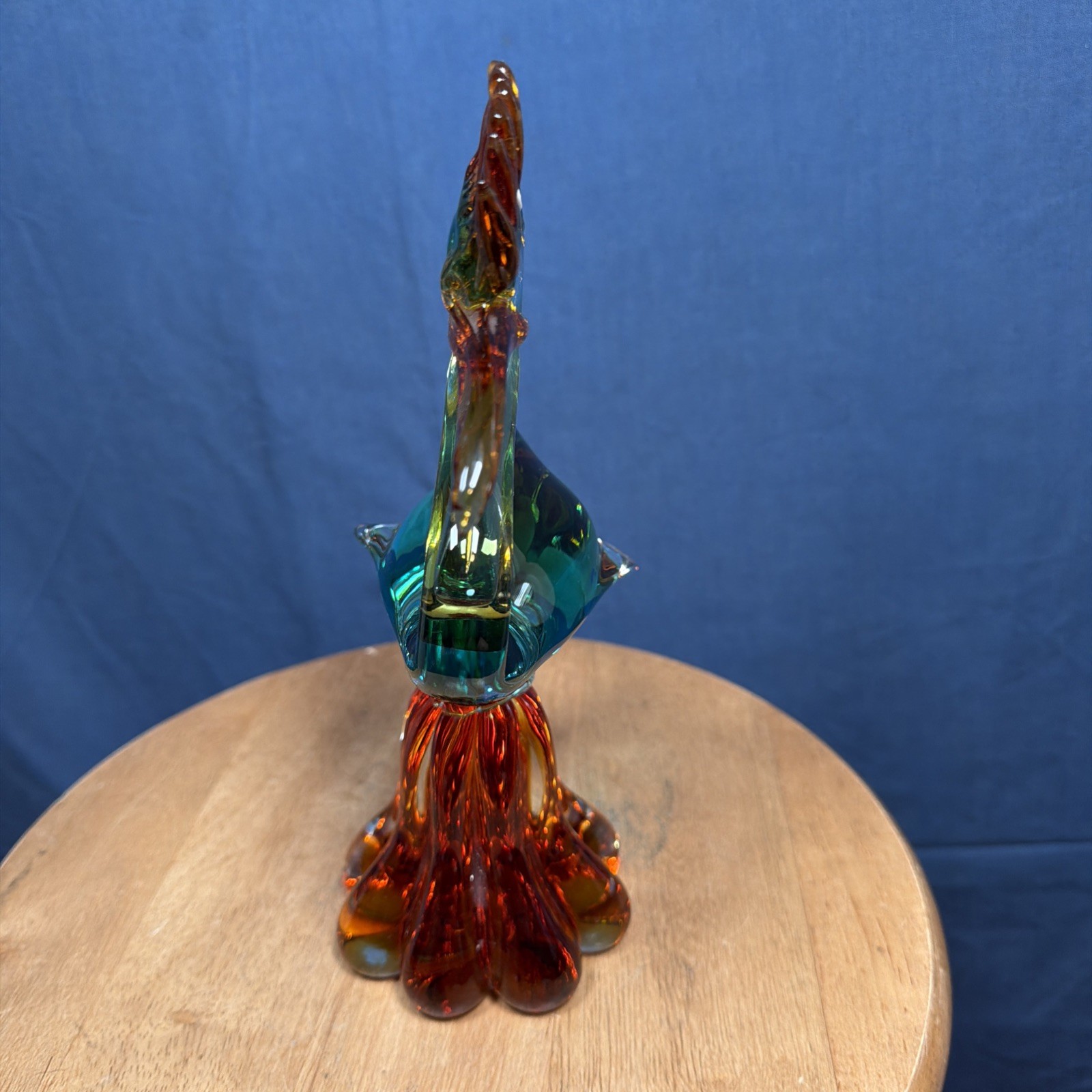 Vintage Murano Style Glass Heron Bird Green Amber Gold Crest 10”