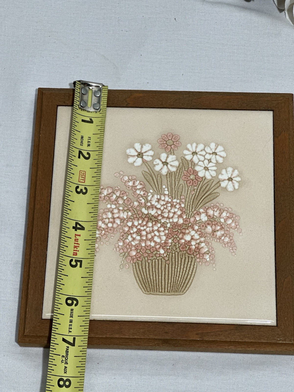 Vintage Italian Ceramic Tile Trivet Floral Flower Basket Wood Frame 1980s Italy