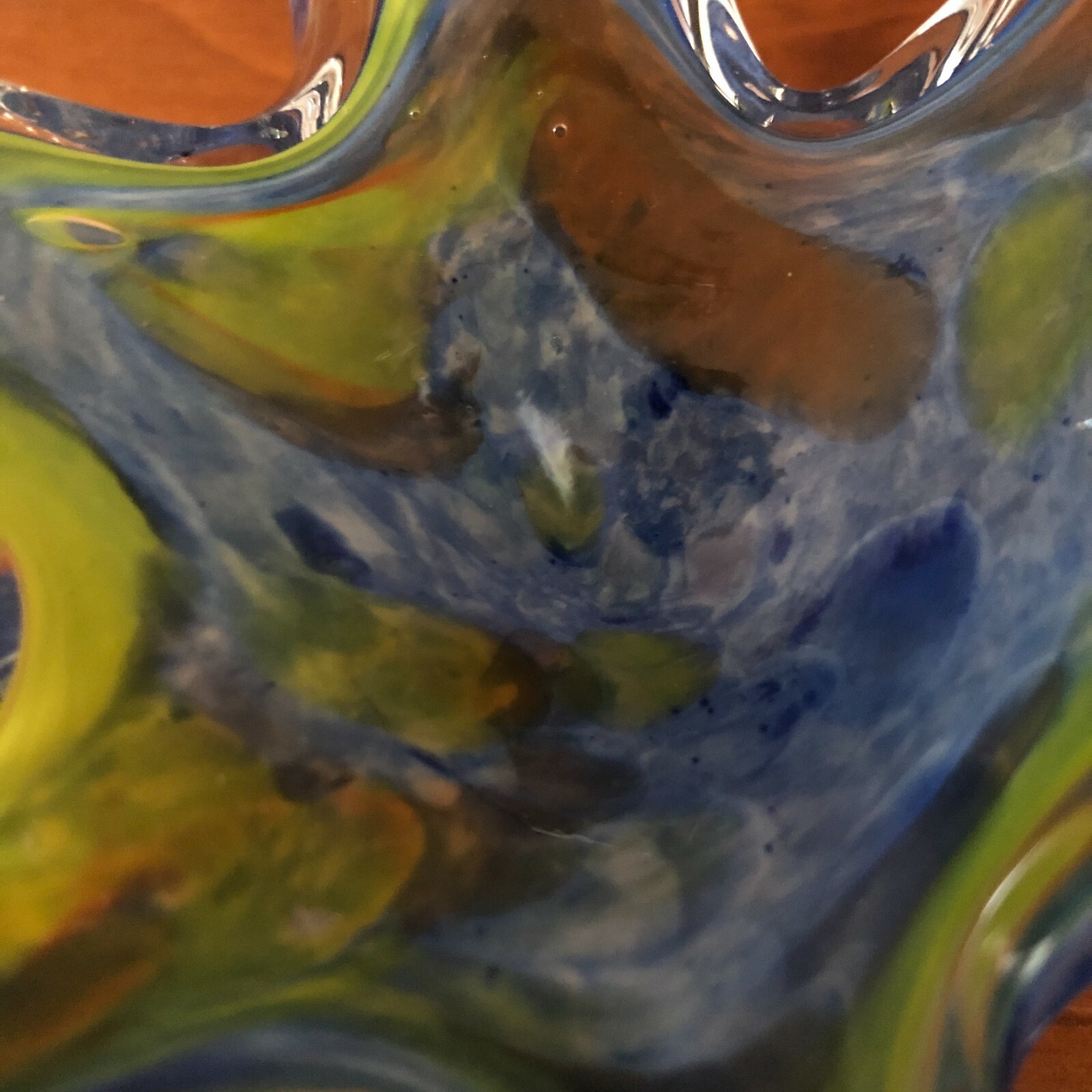 Art Glass Swan Figurine, Blue, Green and Orange Cased in Clear, 4 1/2 x 6 x 5″