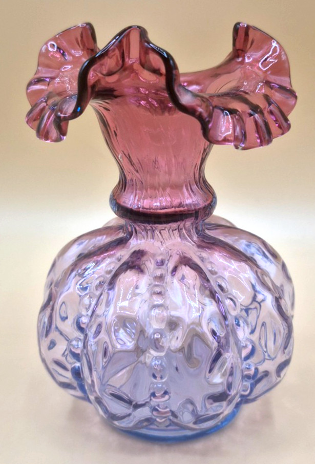 Fenton Mulberry Beaded Melon Ruffled Vase 5.5″ Glass Purple Blue & Mint