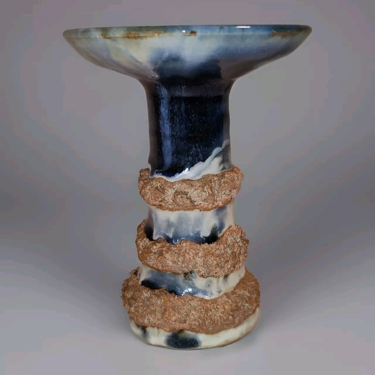 Studio Pottery Pillar Candle Holder Blue Drip Applied 3D Design Coastal Marked
