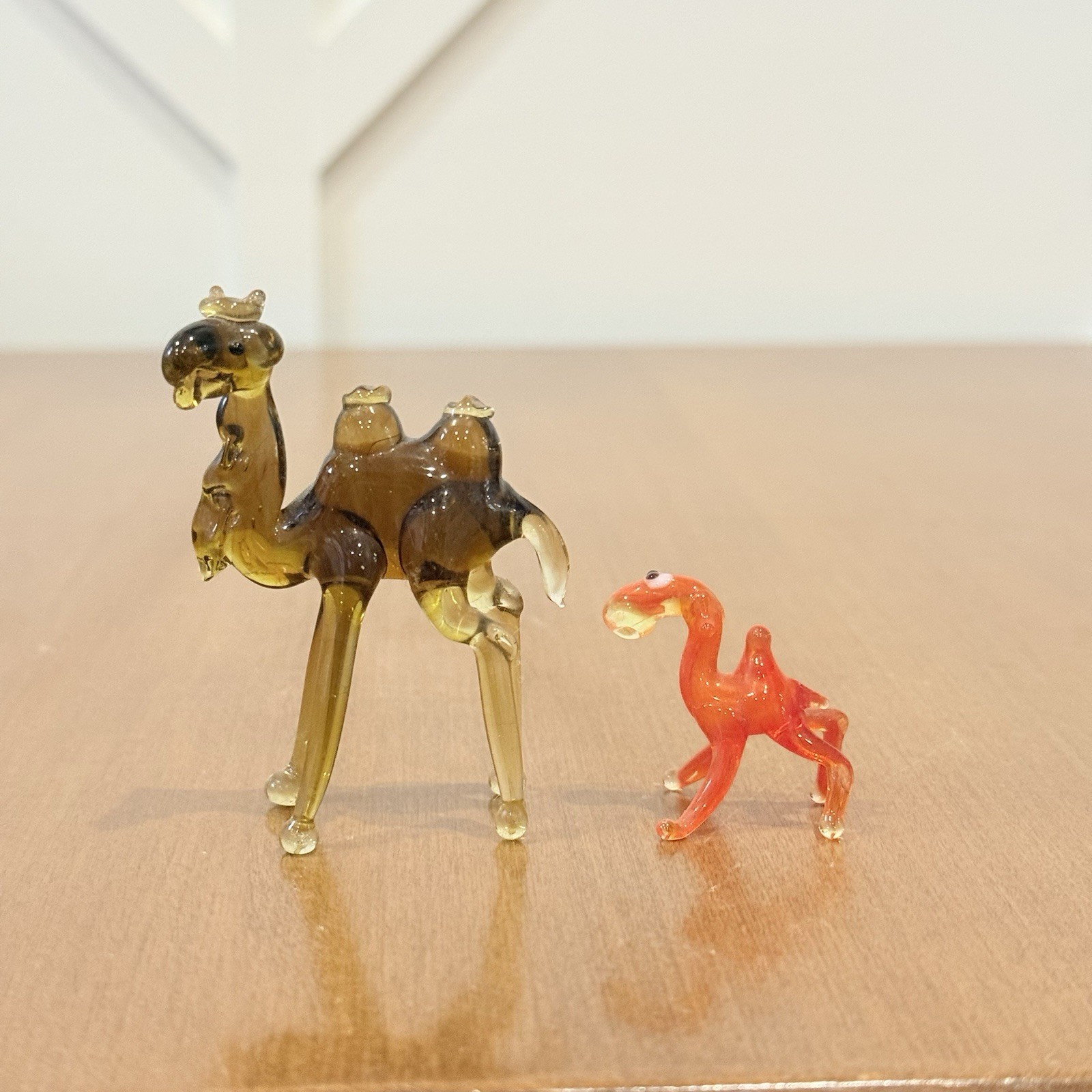 Hand Blown Art Glass Camel Figurine Set Of 2 Brown Orange Mini Trinket Shelf