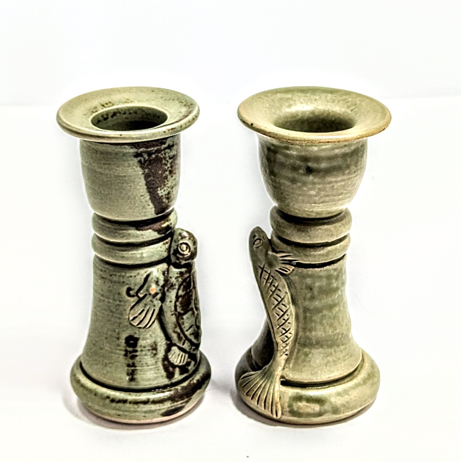 Artisan Hand Thrown Pottery Turtle Fish Taper Candlesticks Bahali 5″