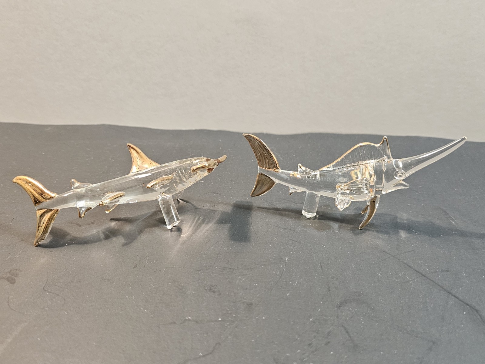 4 ¹/⁴ ” L Clear Gold Hammerhead Shark & Marlin Figurine Blown Glass Fish