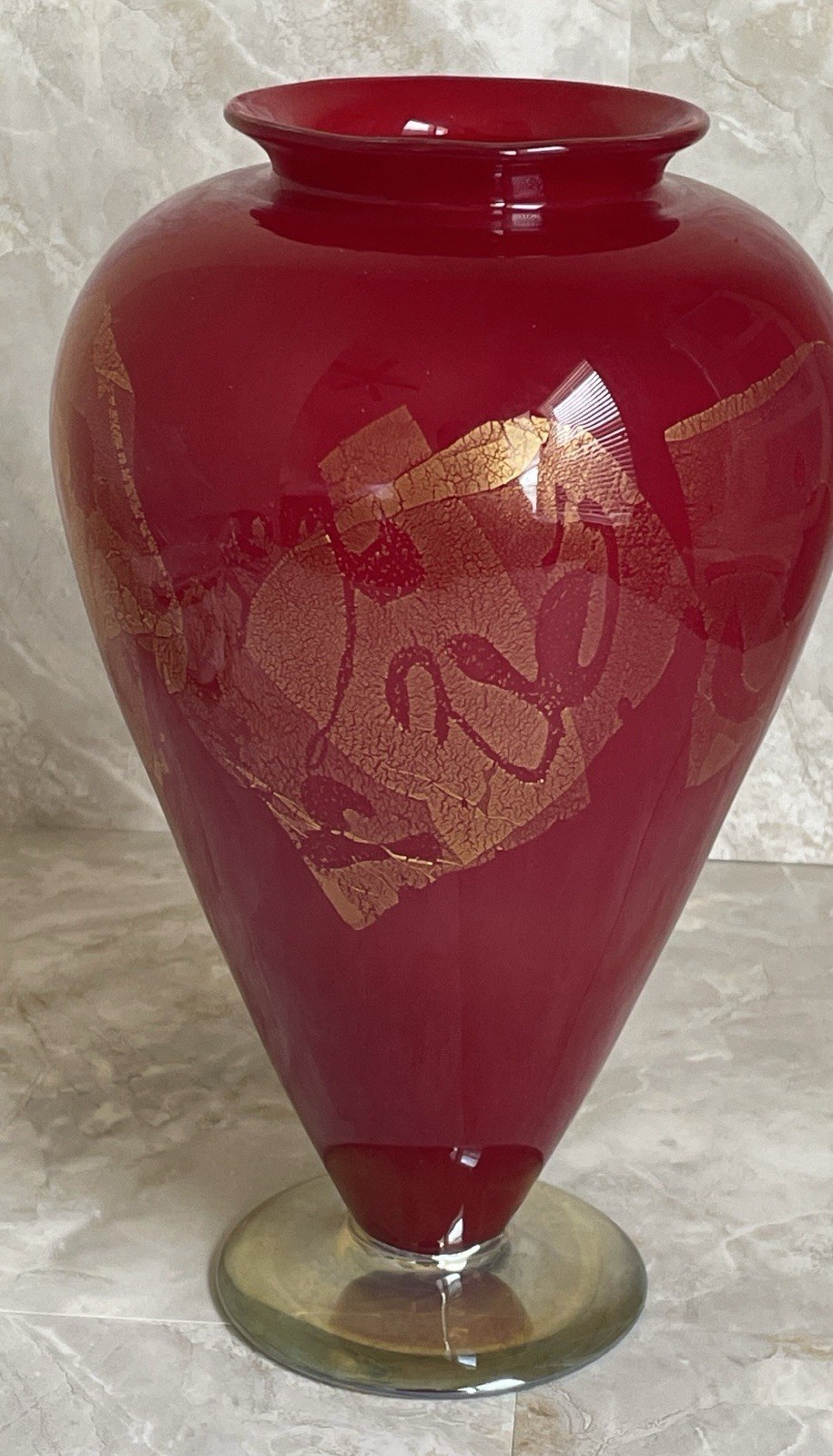 John Cook Signed Art Glass Vase Hand-blown Cherry Red & Gold & Amber Base 2004