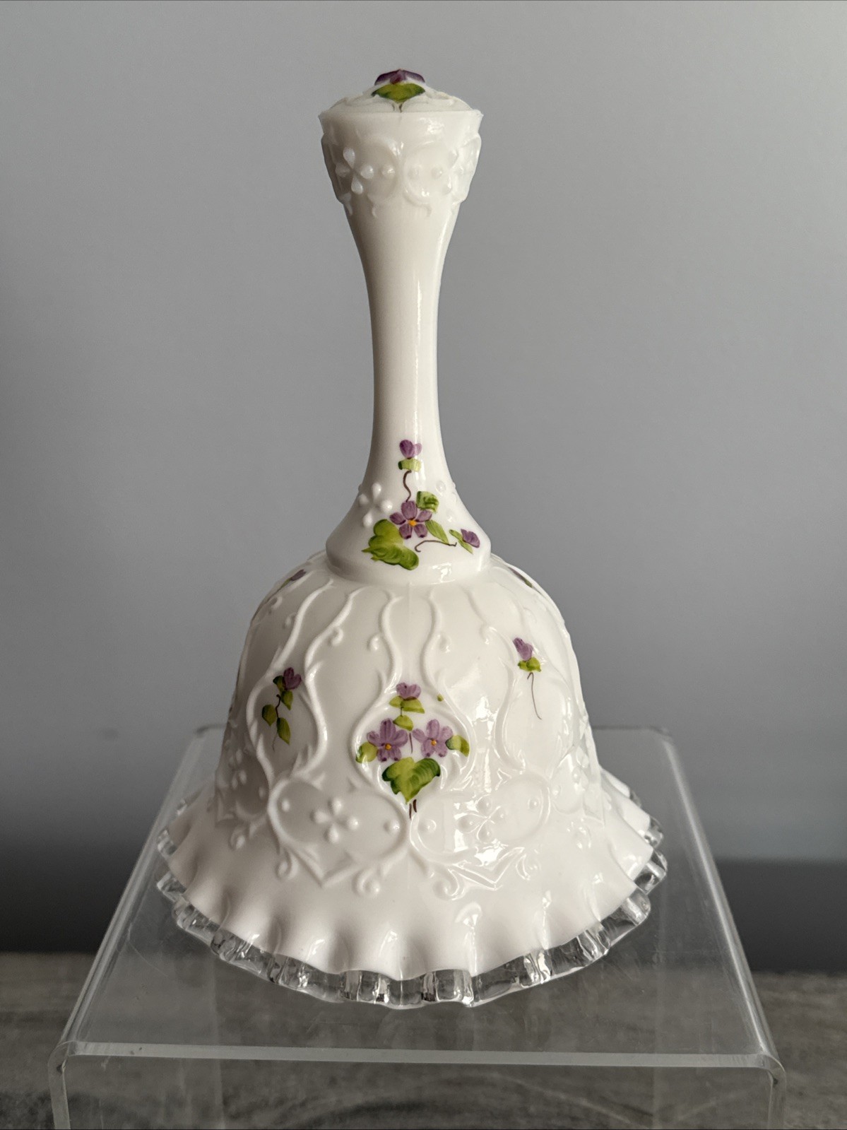 Fenton Glass Violets in Snow Spanish Lace Silver Crest Bell Signed Debi Alderman
