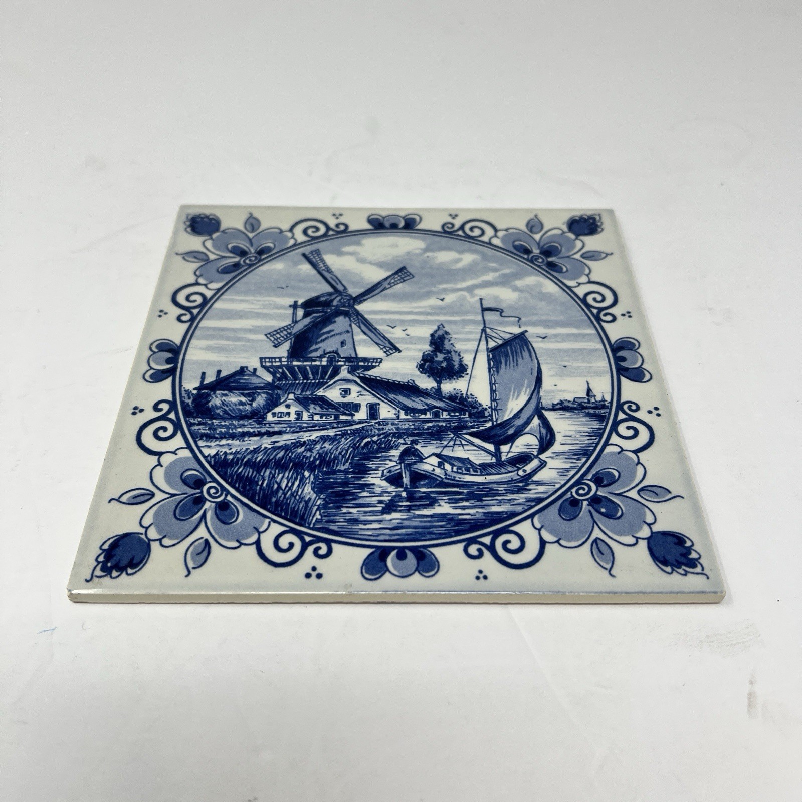 Delft Blue Hand Painted Pottery Tile Holland Wall Hanging Trivet Dutch Windmill