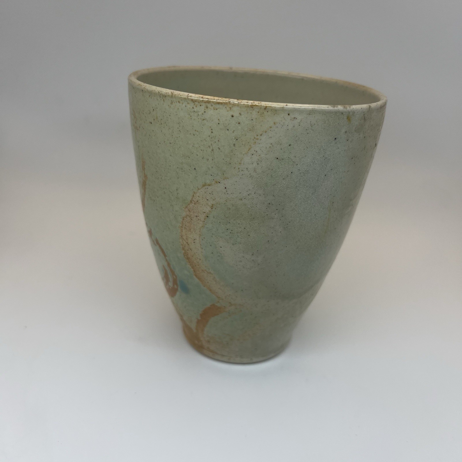 Studio Pottery 5” Tall Vase With Orange Swirls And Turquoise Glaze Signed