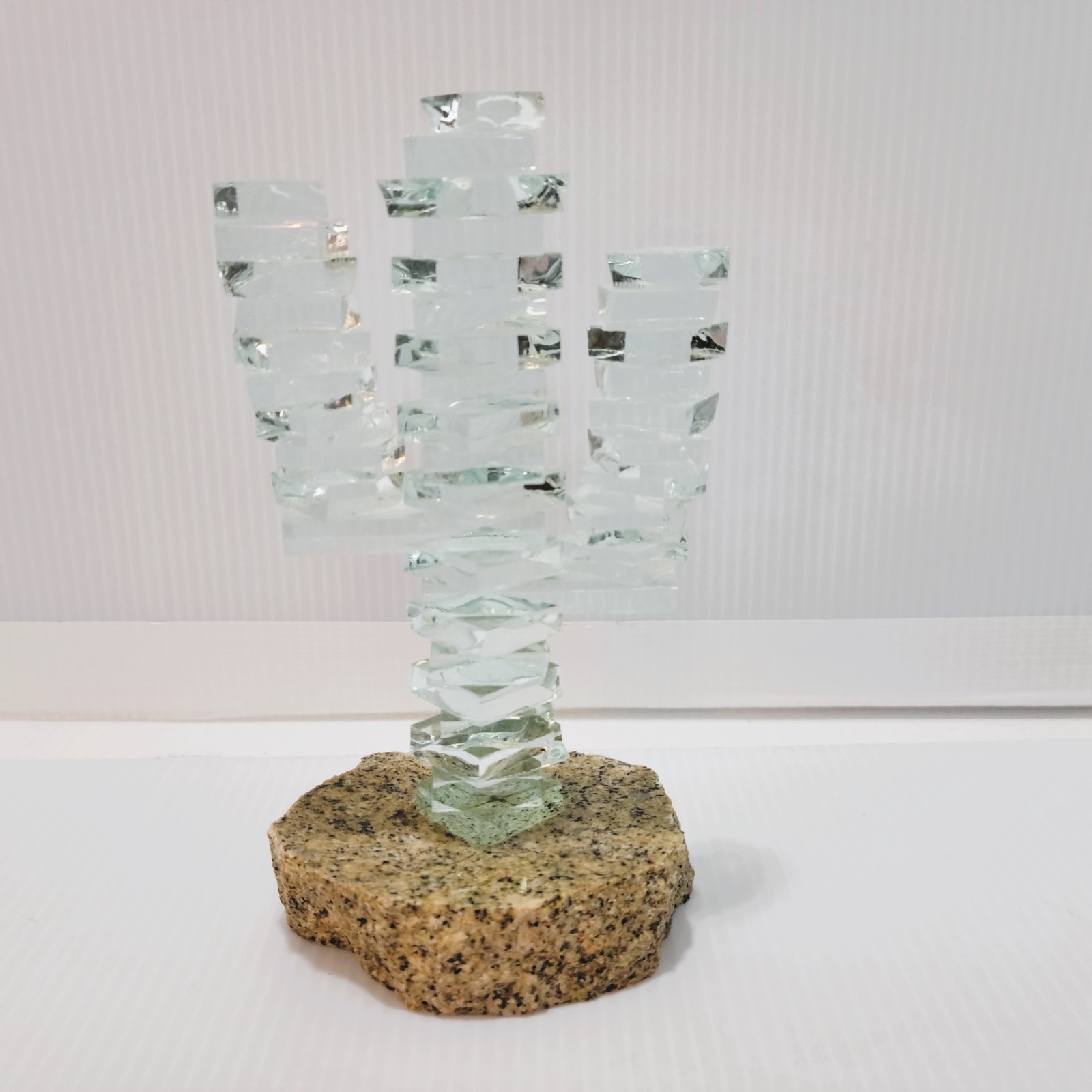 Vintage Stacked Glass Cactus Figurine on Stone Base Pale Green 3 Arms 5 1/2″