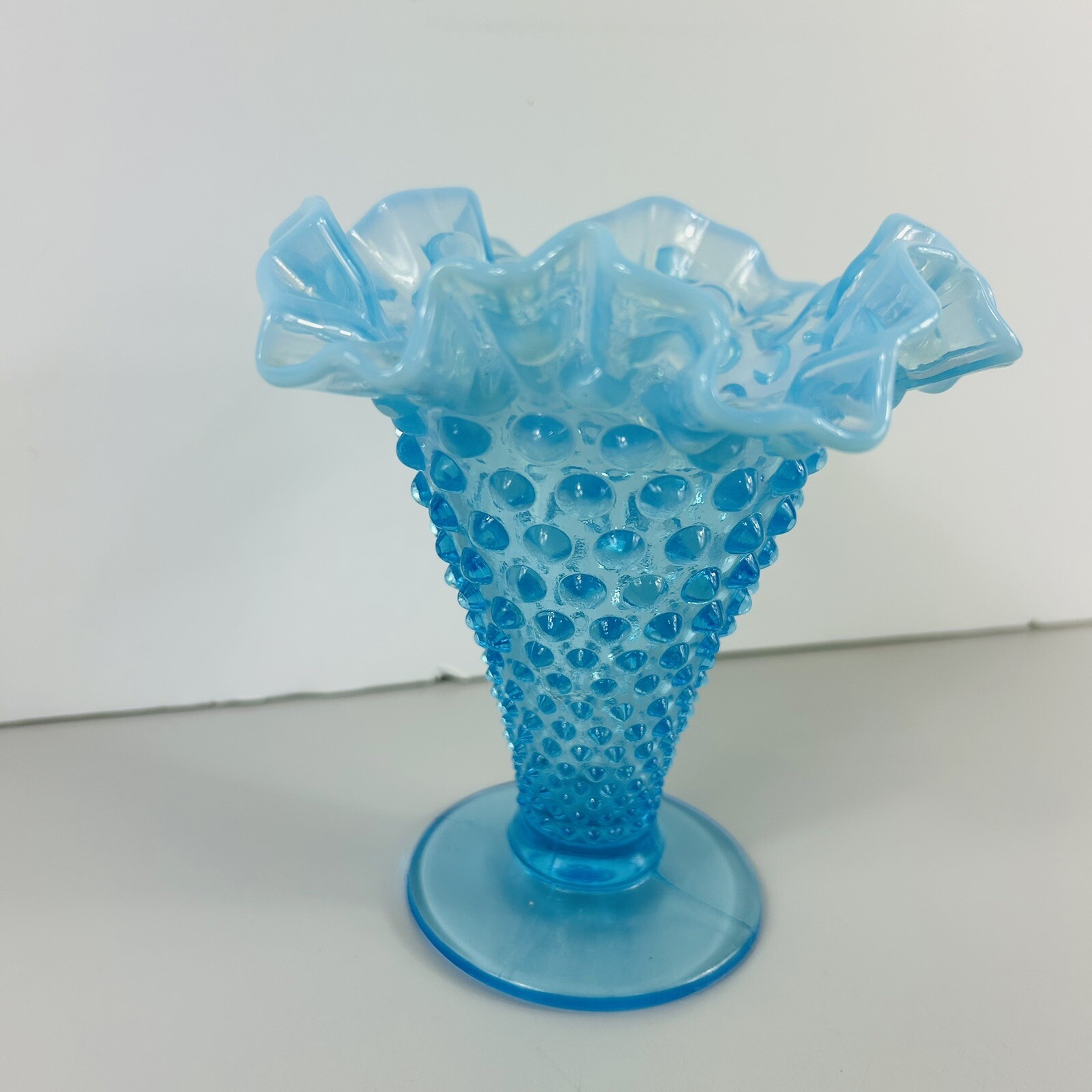 Vintage Opalescent Aqua Blue Glass Hobnail Vase Fluted Ruffled Edge Footed 5.75″