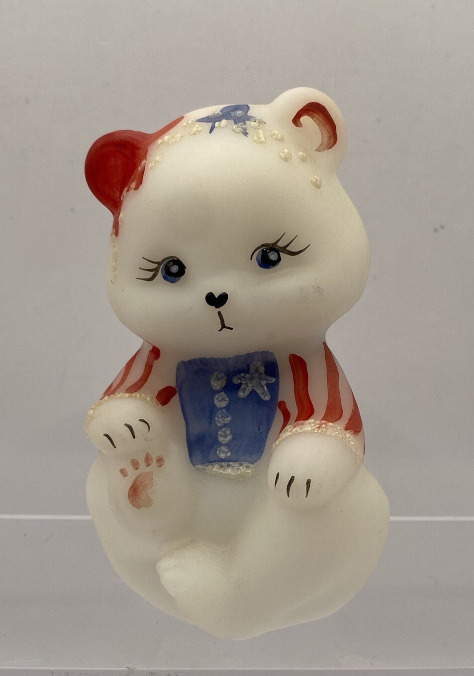 Fenton Patriotic Stars & Stripes White Satin Glass Bear Signed Hand-painted 2001