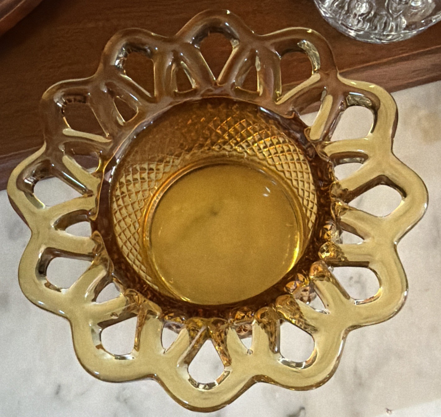 Vintage Imperial Glass Amber Bowl Original Flower Frog Diamond Quilt Pineapple L