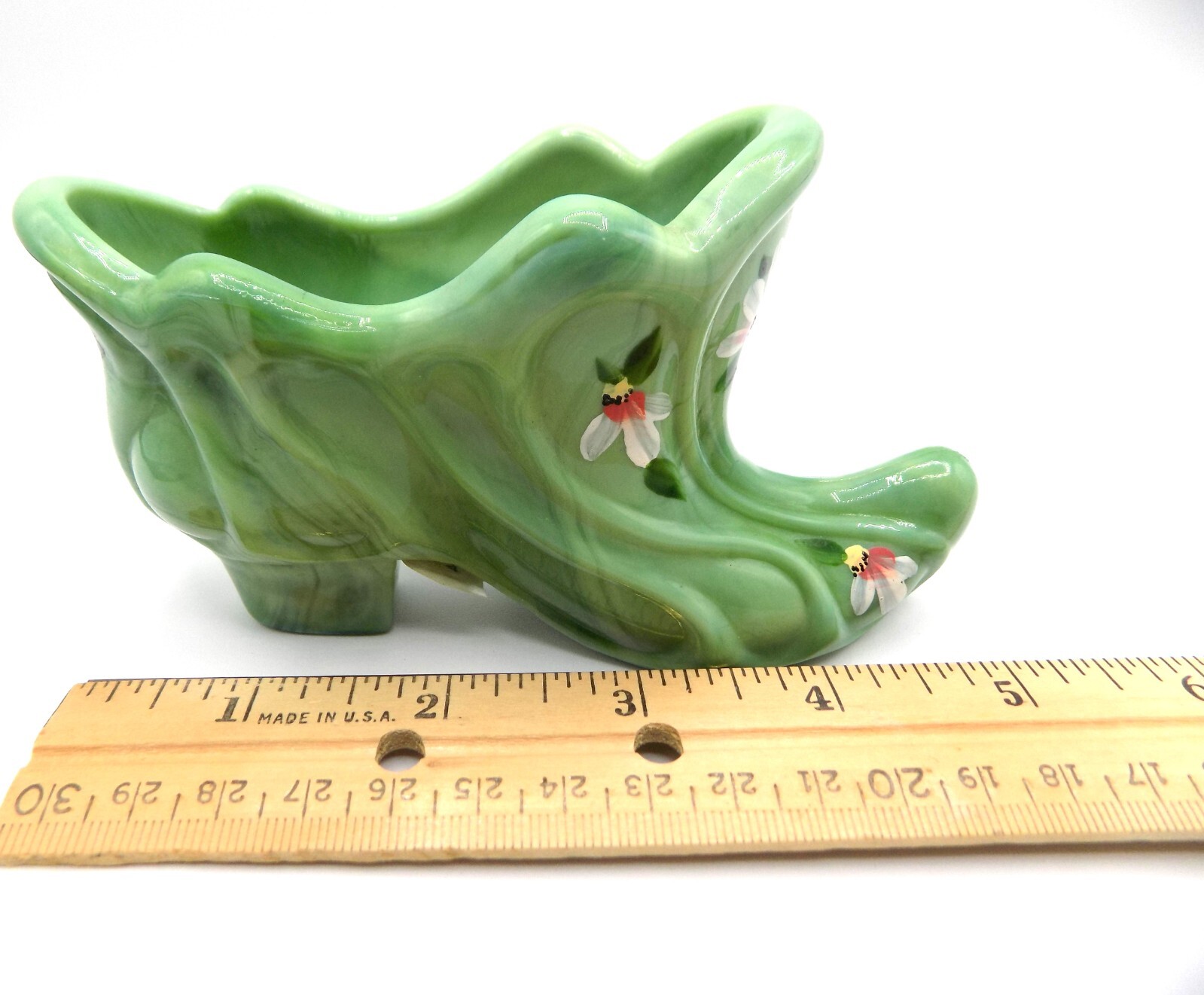 Vintage FENTON Jadeite Slag Glass Hand Painted Shoe Slipper by S MILLER