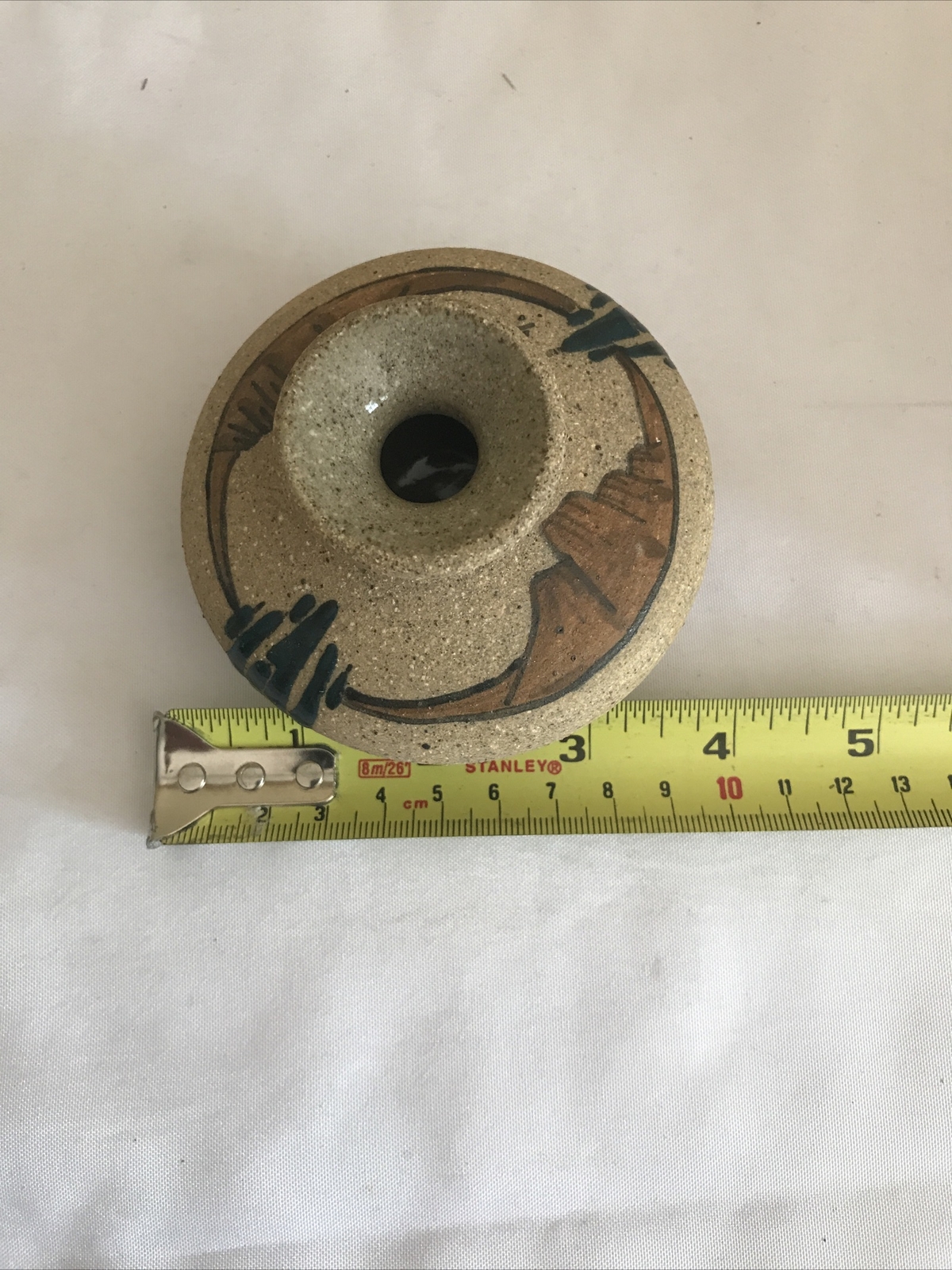Small, artist-signed, Southwestern-style, pottery vase with inlaid cacti