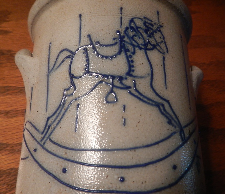 Salmon Falls Pottery Rocking Horse Salt Glazed Crock ~ 4.5″ Tall ~ 1991