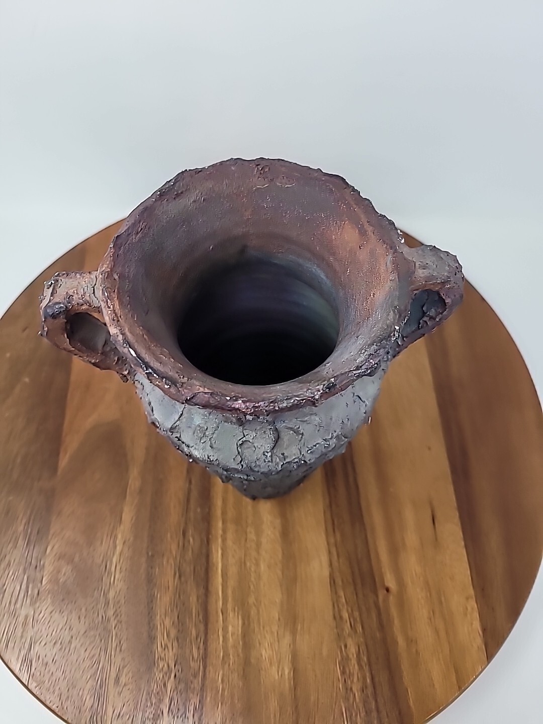 Iridescent Copper Fuming Raku Fired Pottery Handled Vase Signed
