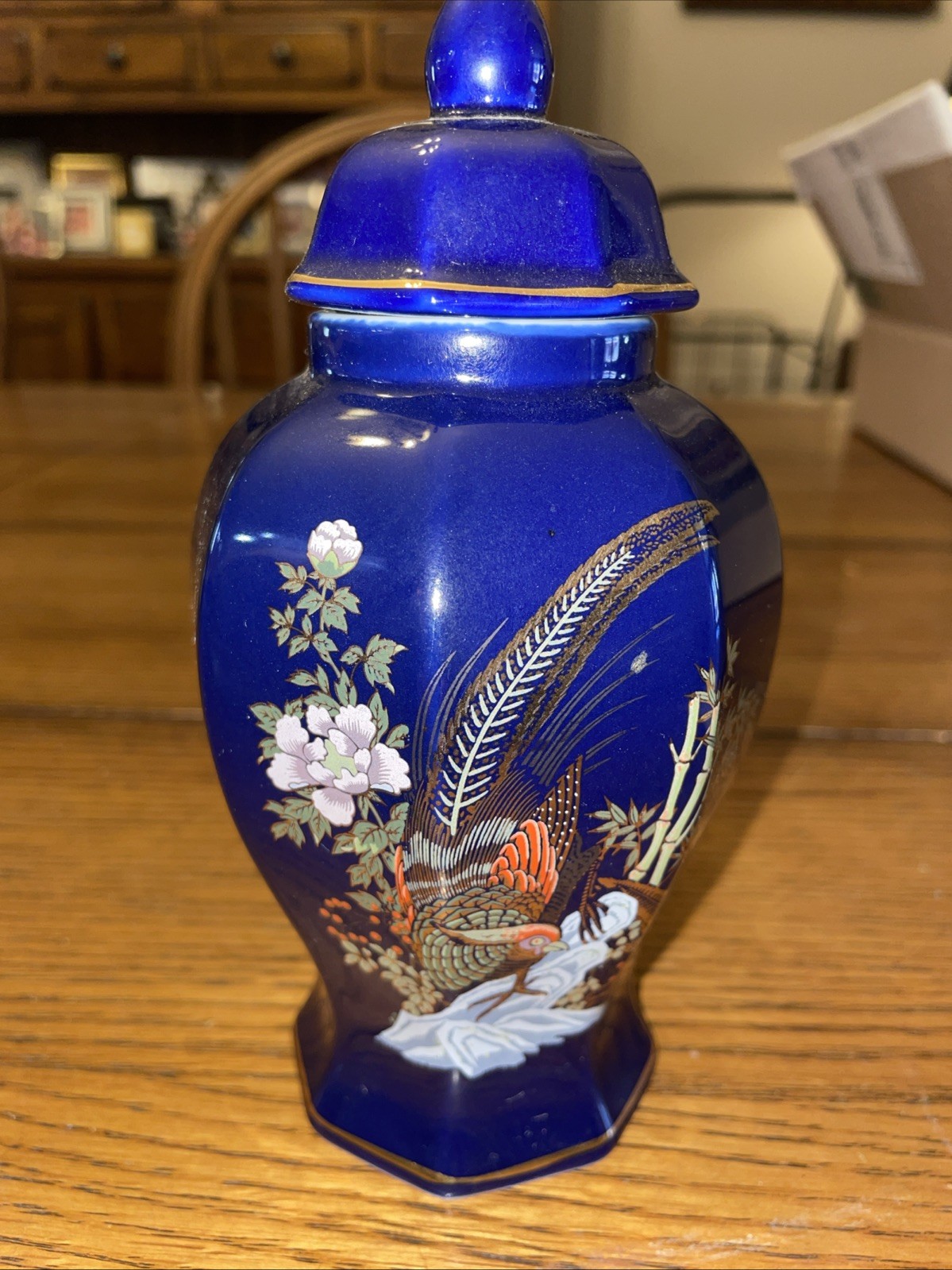 Vintage Japanese Kutani Ginger Jar Pheasant Floral Hand Painted Lidded Vase 5 In