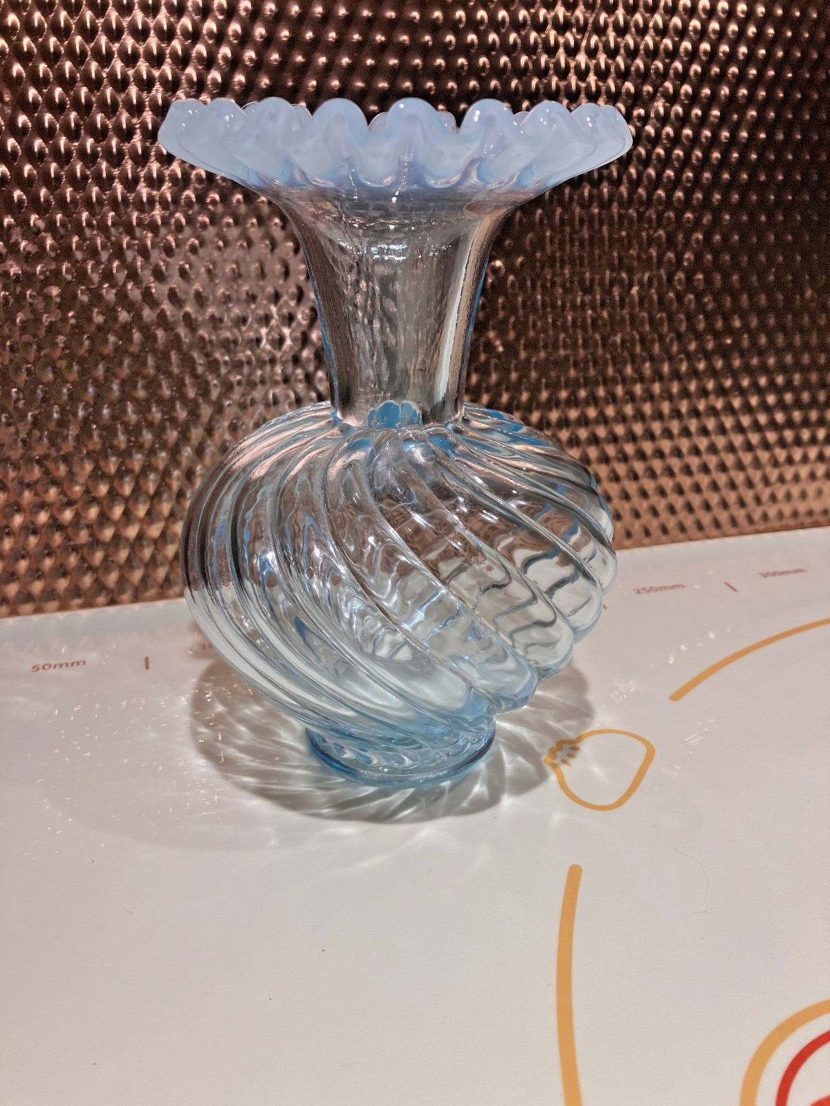Vintage FENTON Clear Light Blue Melon Spiral Twist Ruffle Top VASE 6 inches