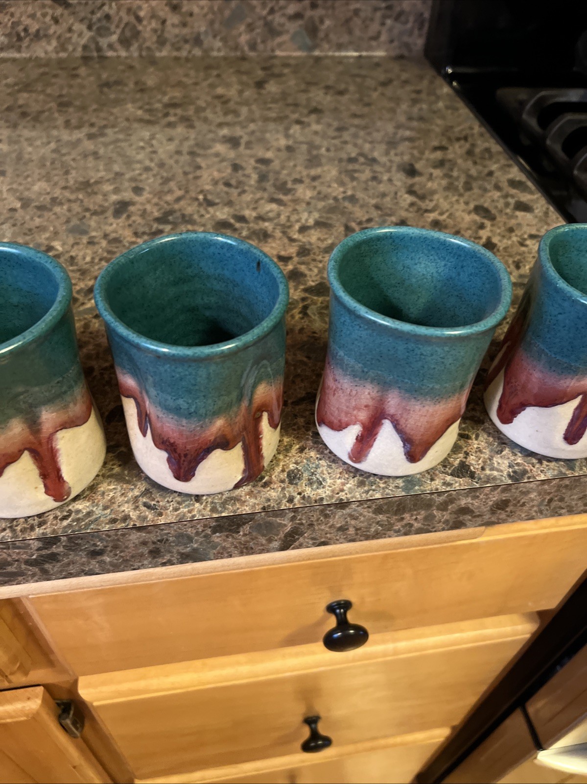 (6) Walt Glass Studio Pottery Handless Juice Cups, Turquoise Drip Glaze Rare
