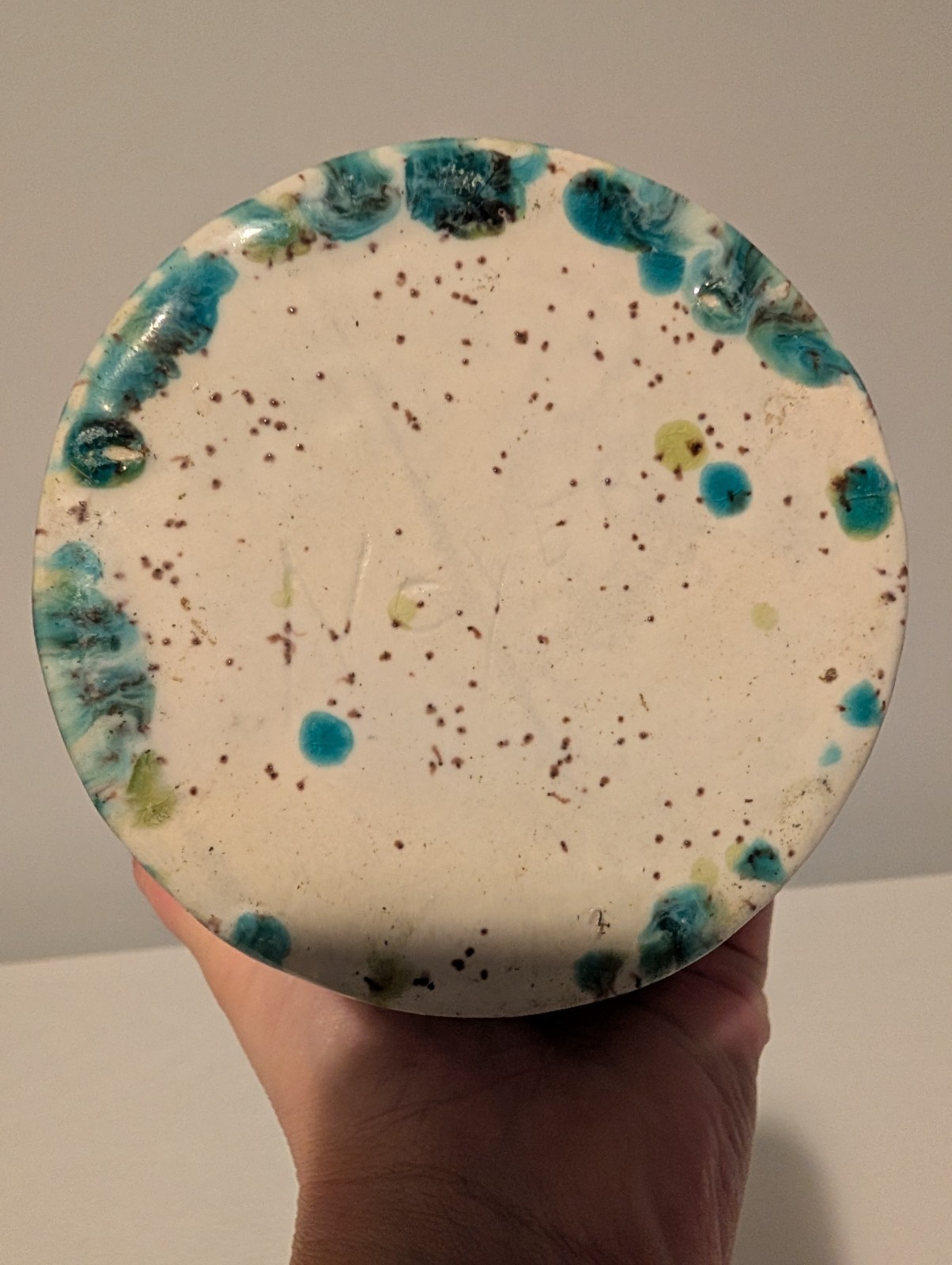 Glossy Handmade Ceramic Vase Cream colored with Brown speckles Blue and Green