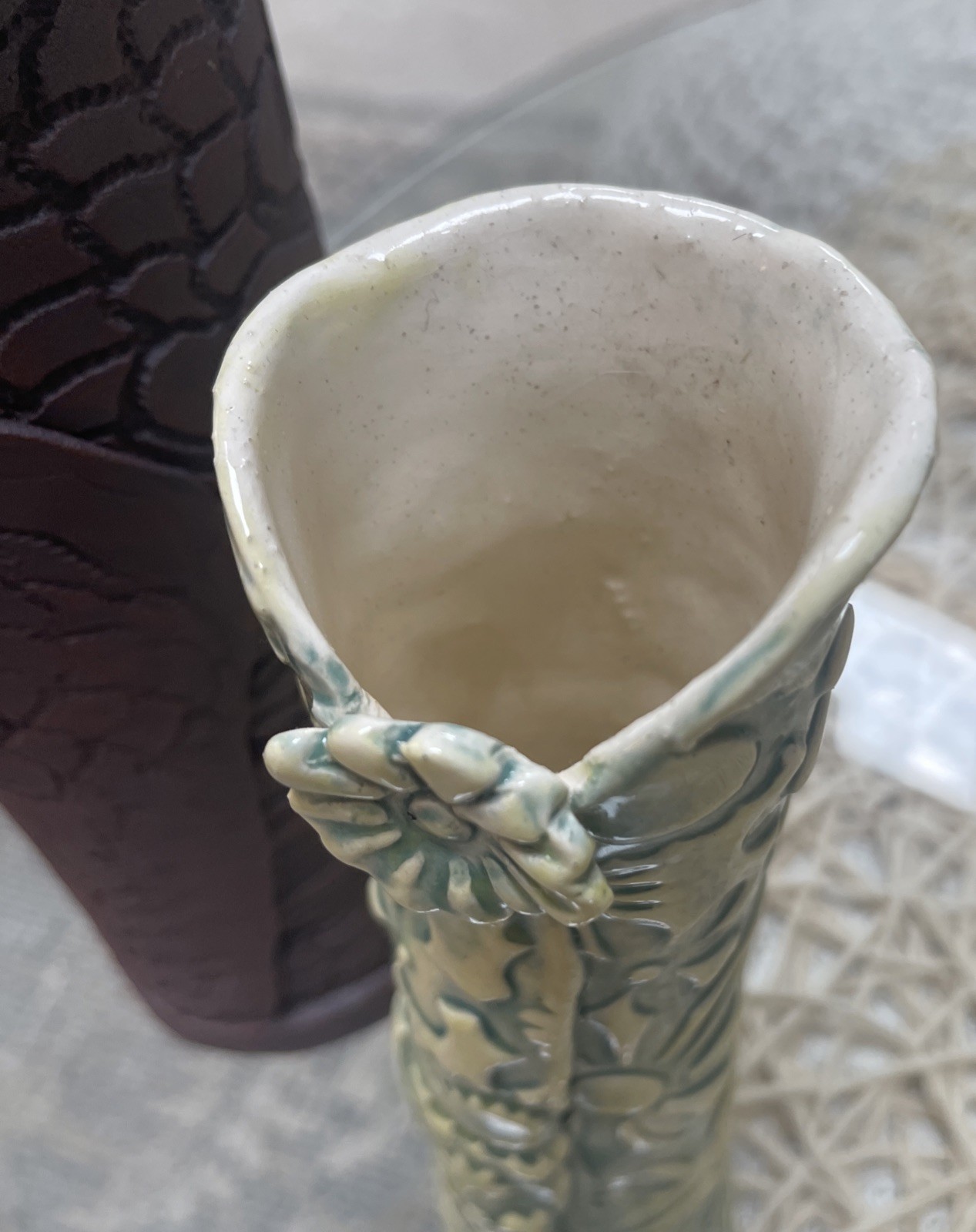 2 Mid Century impressed & Incised Decorated Pottery Cylinder Vases – Signed RARE