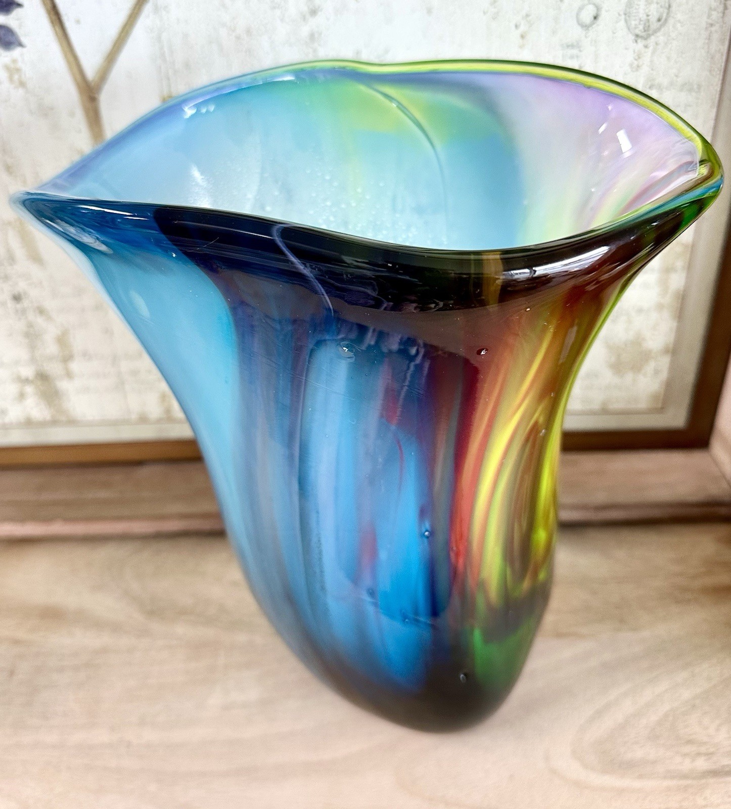 Hand-Blown Art Glass Vase, stunning multi-colored, free-form design