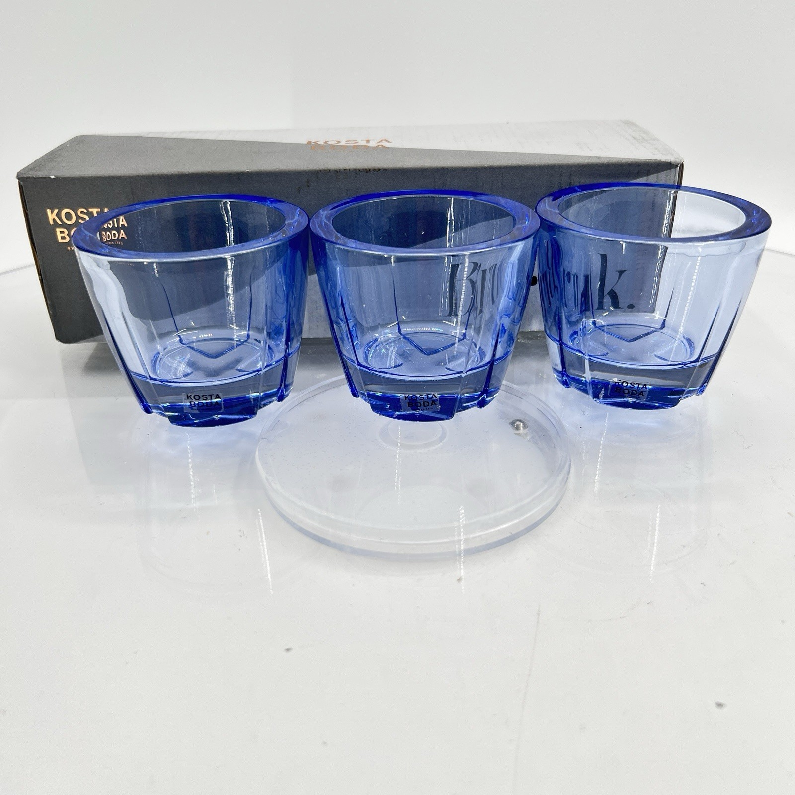 KOSTA BODA BRUK Votive Candle Holders Set Of 3 Water Blue In Box 2.5″ Sweden