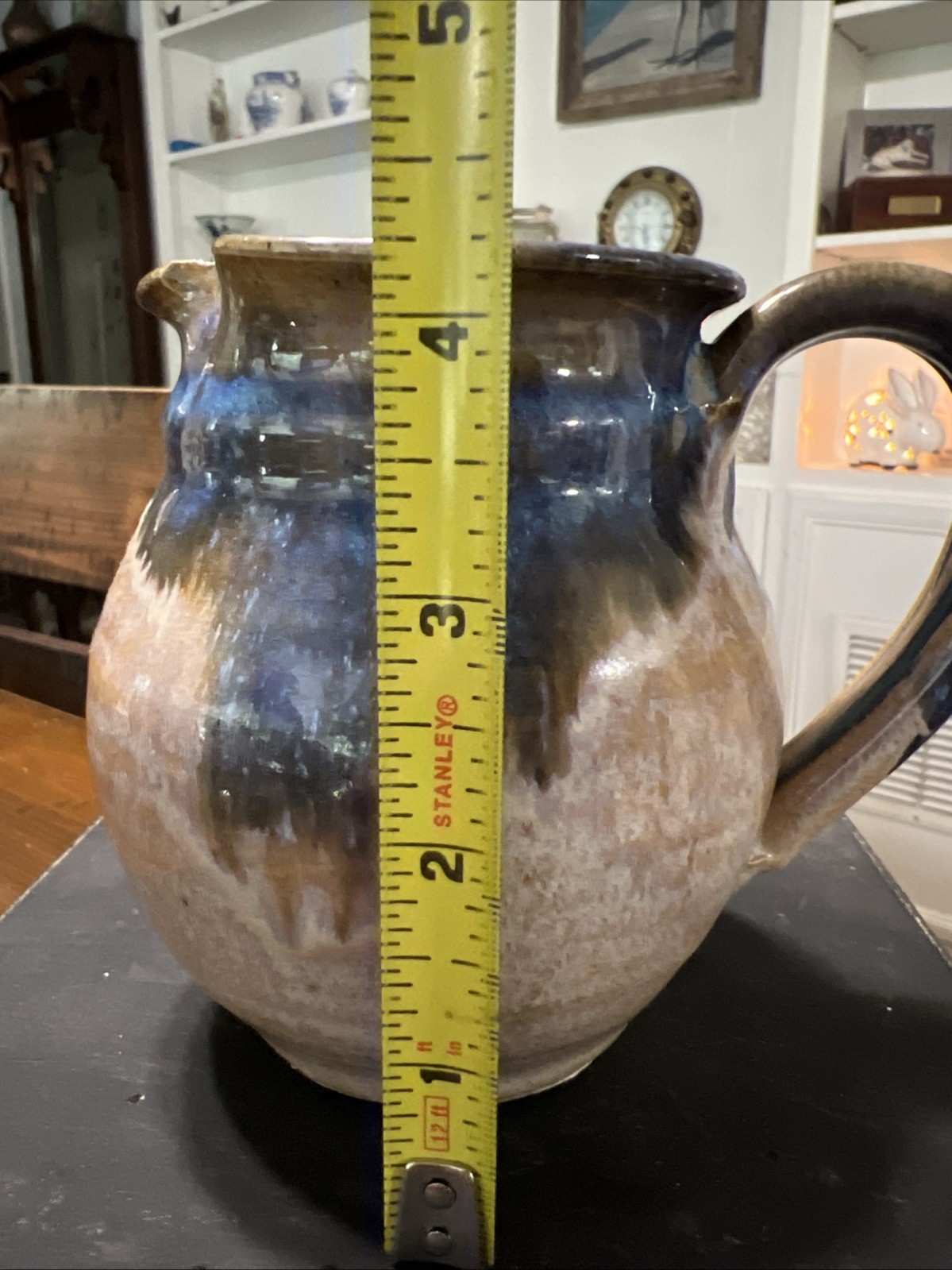 Hand Thrown Studio Pottery Artist Signed Pitcher Blue w/ Earth Tones 4 1/2″ H
