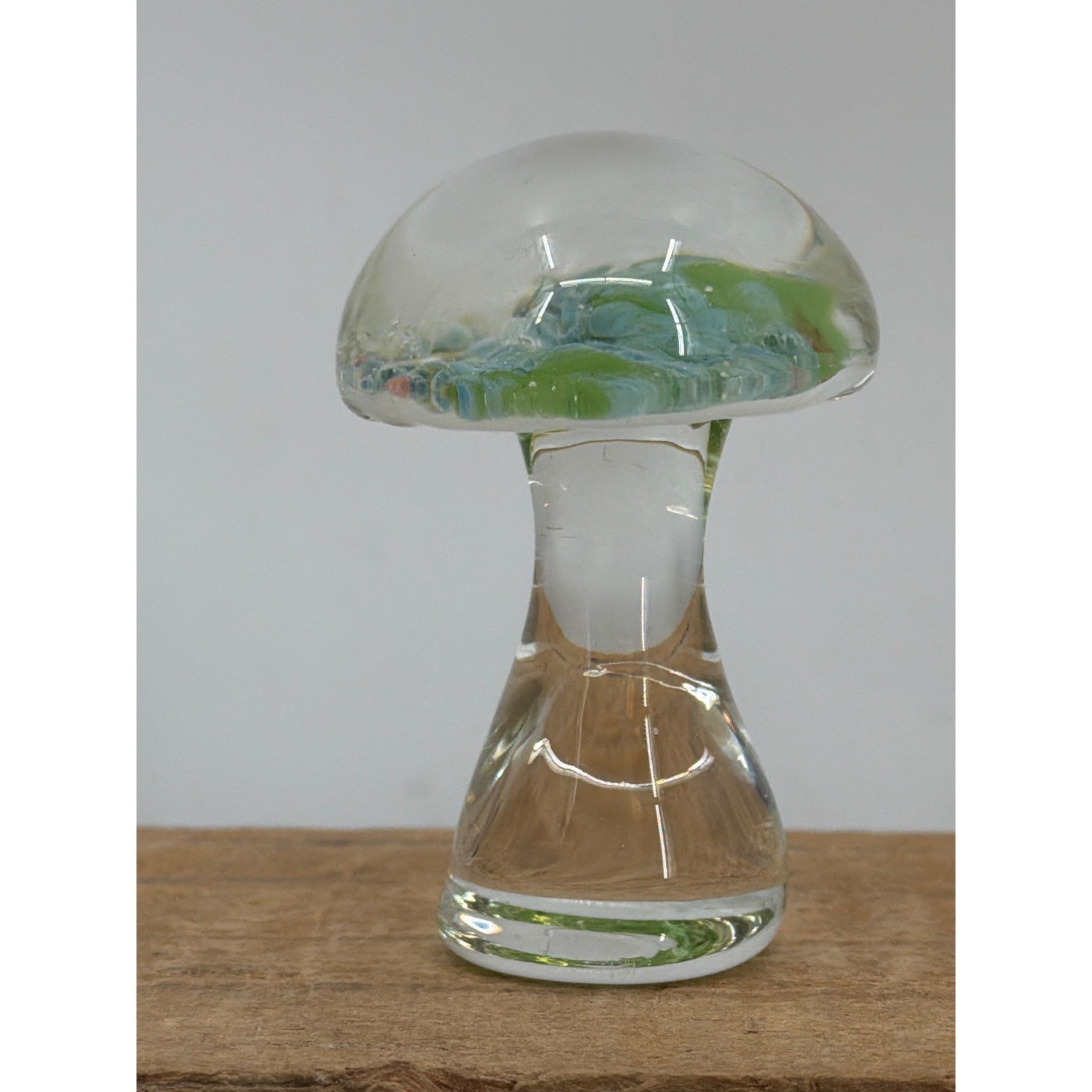 Vintage Hand Blown Art Glass Mushroom Clear Green Blue Swirl 2″