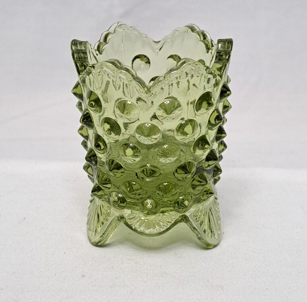 Vintage Fenton Colonial Green Hobnail Side Spikes 3 Footed Toothpick Holder Nice